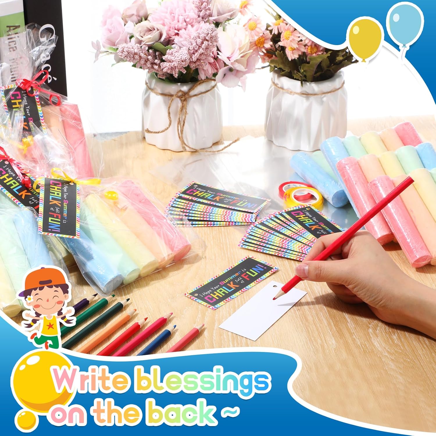 Sabary 30 Sets End of Year Student Gifts 150 Pcs Kids Sidewalk Chalk Bulk with 30 Cards 30 Packaging Bags 2 Ribbons Kids Themed Birthday Party Favors for Classroom Prizes Student Gifts