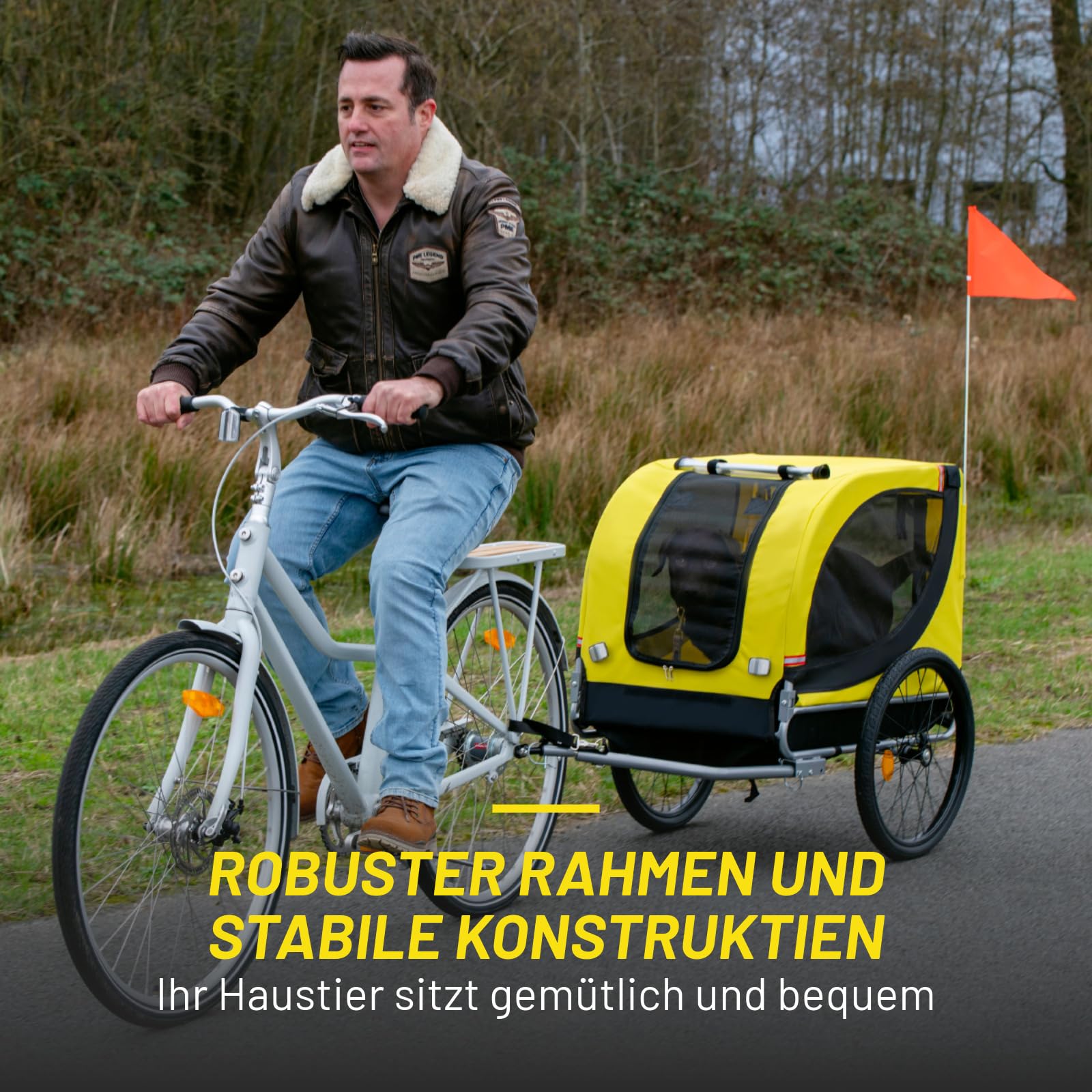 Dunlop Hundewagen - Hundebuggy max. 40KG - Hundeanhänger Zusammenklappbar - Hunde Fahrradanhänger mit Regenschutz und Abnehmbare Luftreifen - Einfache Montage - Gelb