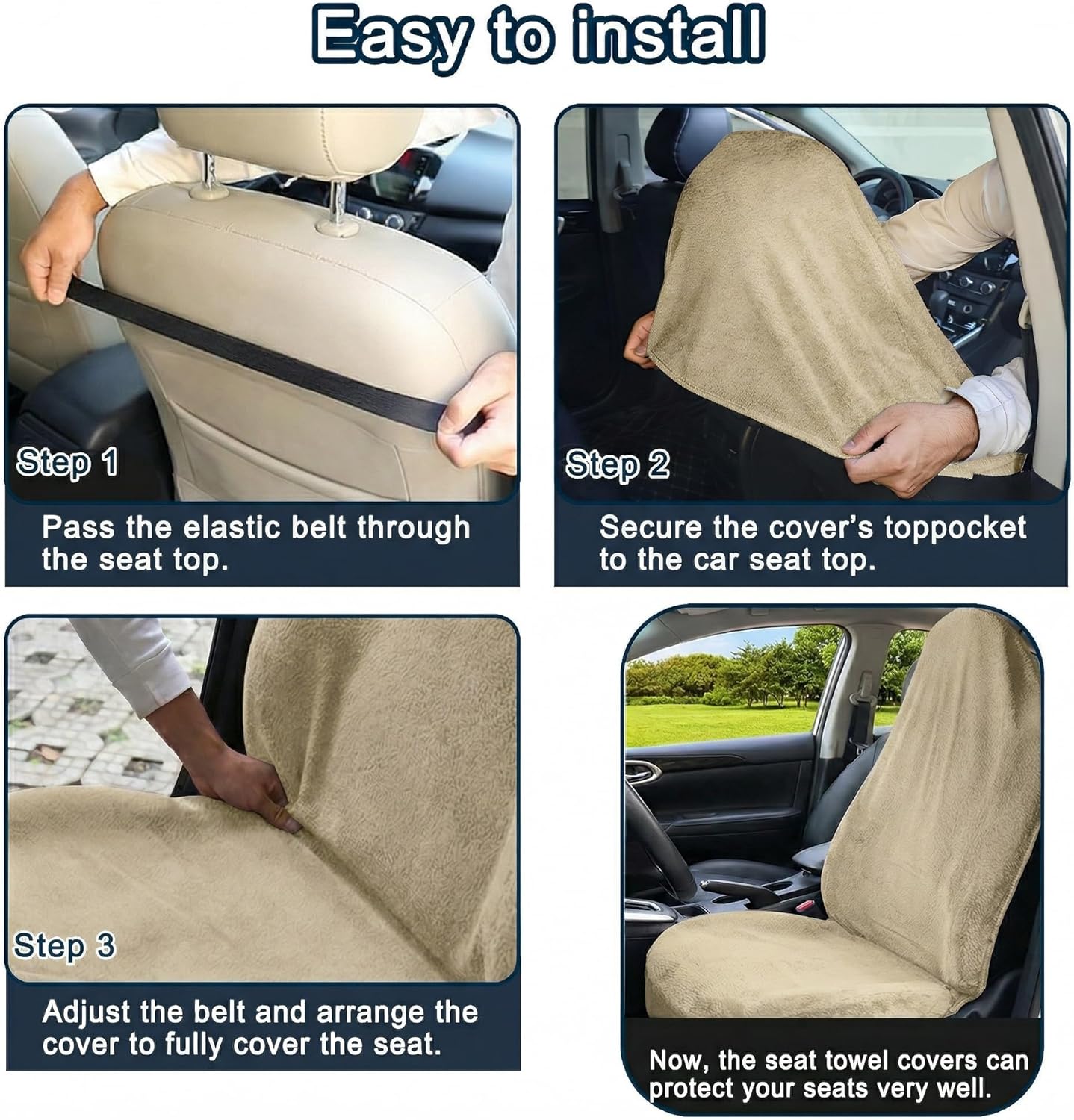 Car Seat Towel Cover, 2 Pack Universal Front Seat Protector for Cars, SUVs and Trucks, Sweat Towel Car Seat Cover for Gym, Yoga, Swimming, Pets and Family Travel, Beige,