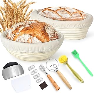 10 Pièces Banneton pour Pain, Ensemble de Paniers de Fermentatio en Rotin Naturel Rond et Ovale Pour Pain, Kit pour Faire du Pain pour Boulangers Professionnels avec Coupe Pâte et Spatule Pain
