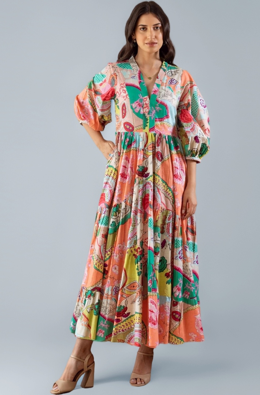 GRECIILOOKS Women's Printed Boho Maxi Dress | Long Flared Style with Full or Puff Sleeves | Ethnic Pattern Gown for Festive, Holiday & Everyday Wear