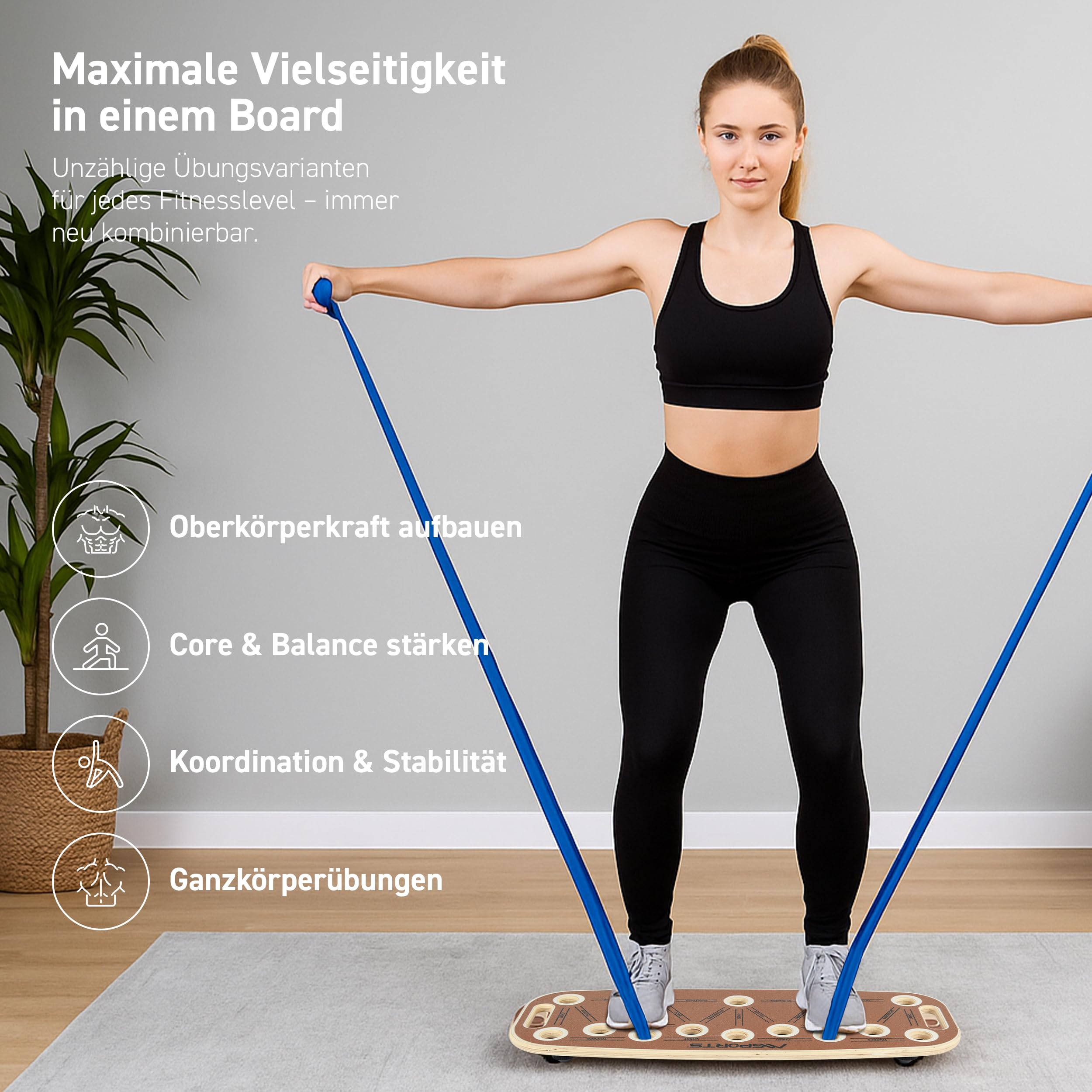 MSPORTS Push-Up Board Holz Premium mit Rolle – Multifunktionales Liegestützbrett für Core, Balance & Krafttraining – 15 Griffpositionen, massive Griffe, Anti-Rutsch, Home Gym Fitnessgerät