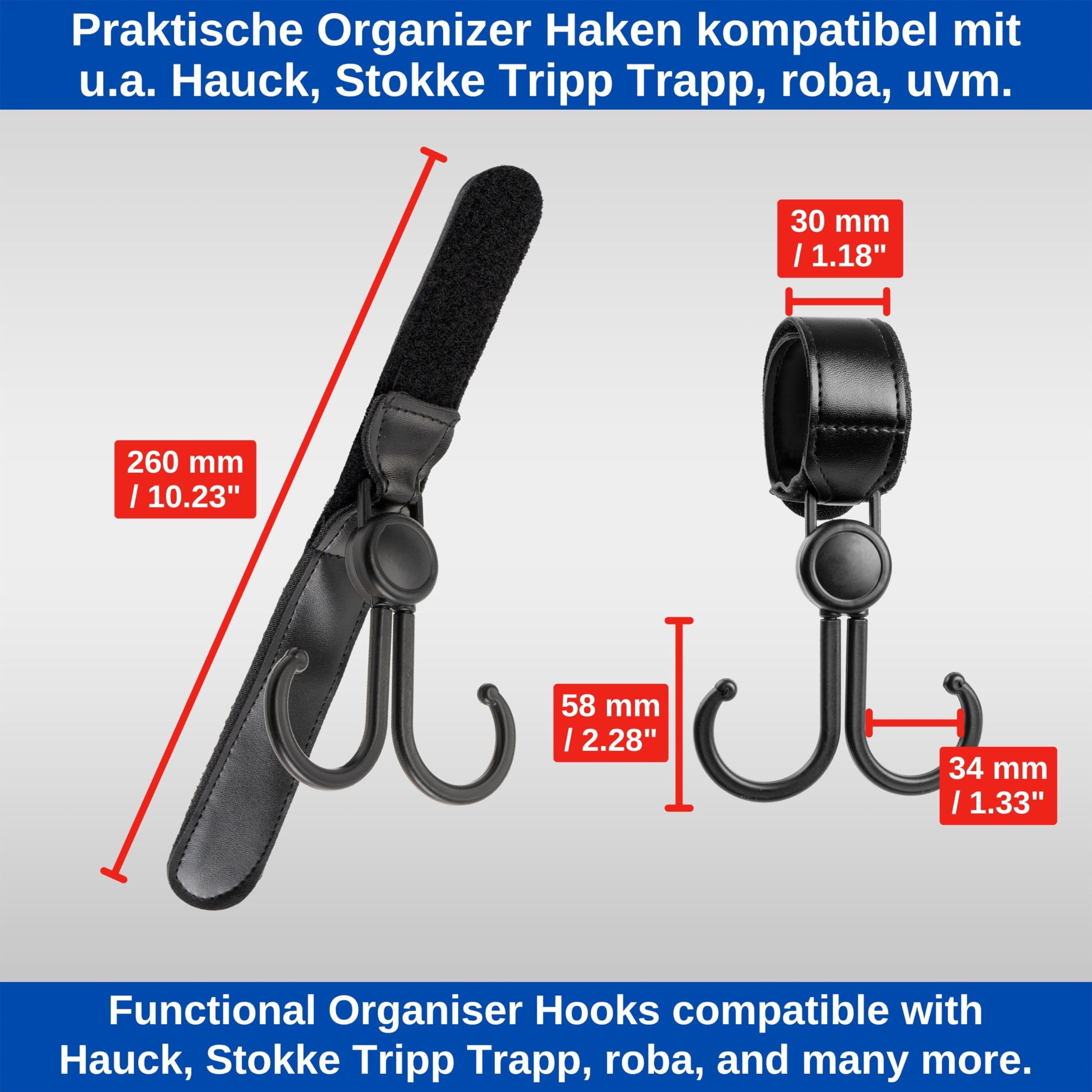 High chair organiser hook, 2 pack, in black, with hook loop fastener - Image 4