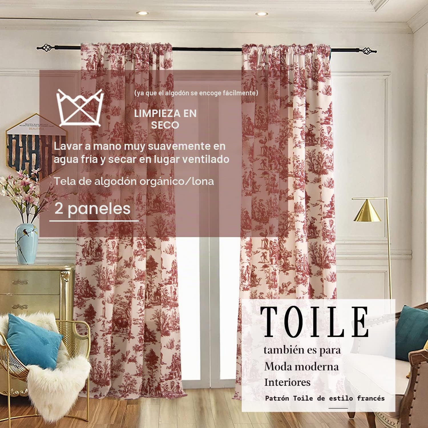 XTMYI Set de 2 Cortinas de 213 cm de Largo, Bonito Estampado campestre en Crema y Blanco, Opacas, diseño Floral campestre navideño, para Ventanas de salón, Comedor o Dormitorio, Burdeos