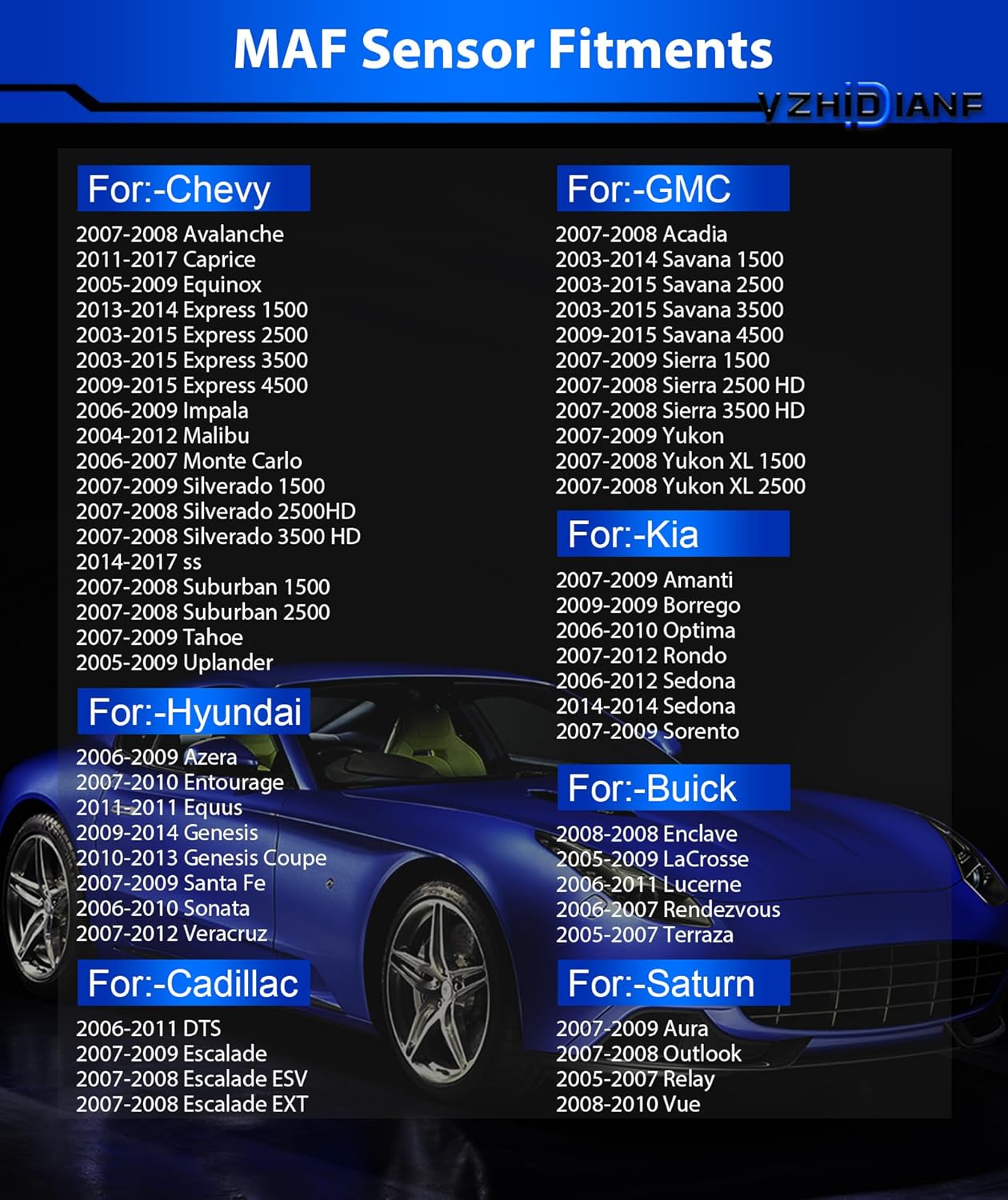 Mass Airflow Sensor for:-Chevy Silverado Express Equinox Suburban Tahoe for:-GMC Acadia Savana Sierra 1500 2500 Yukon for:-Pontiac G6 G8 for:-Kia Optima Sedona for:-Cadillac OE# 10340478