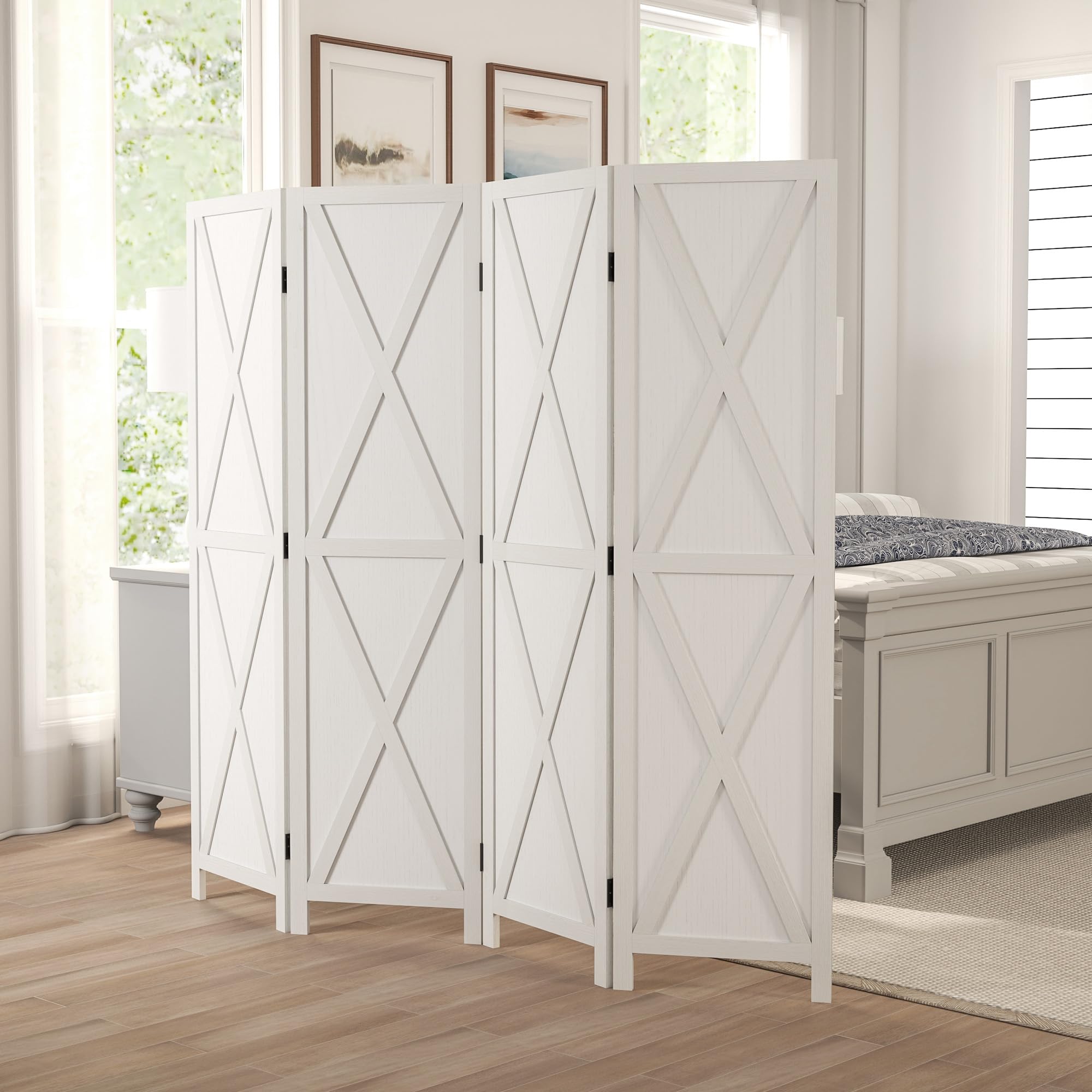 HOMCOM Biombo de 4 Paneles 182x170 cm Separador de Ambientes Plegable Biombo Separador de Ambientes para Salón Dormitorio Oficina Blanco