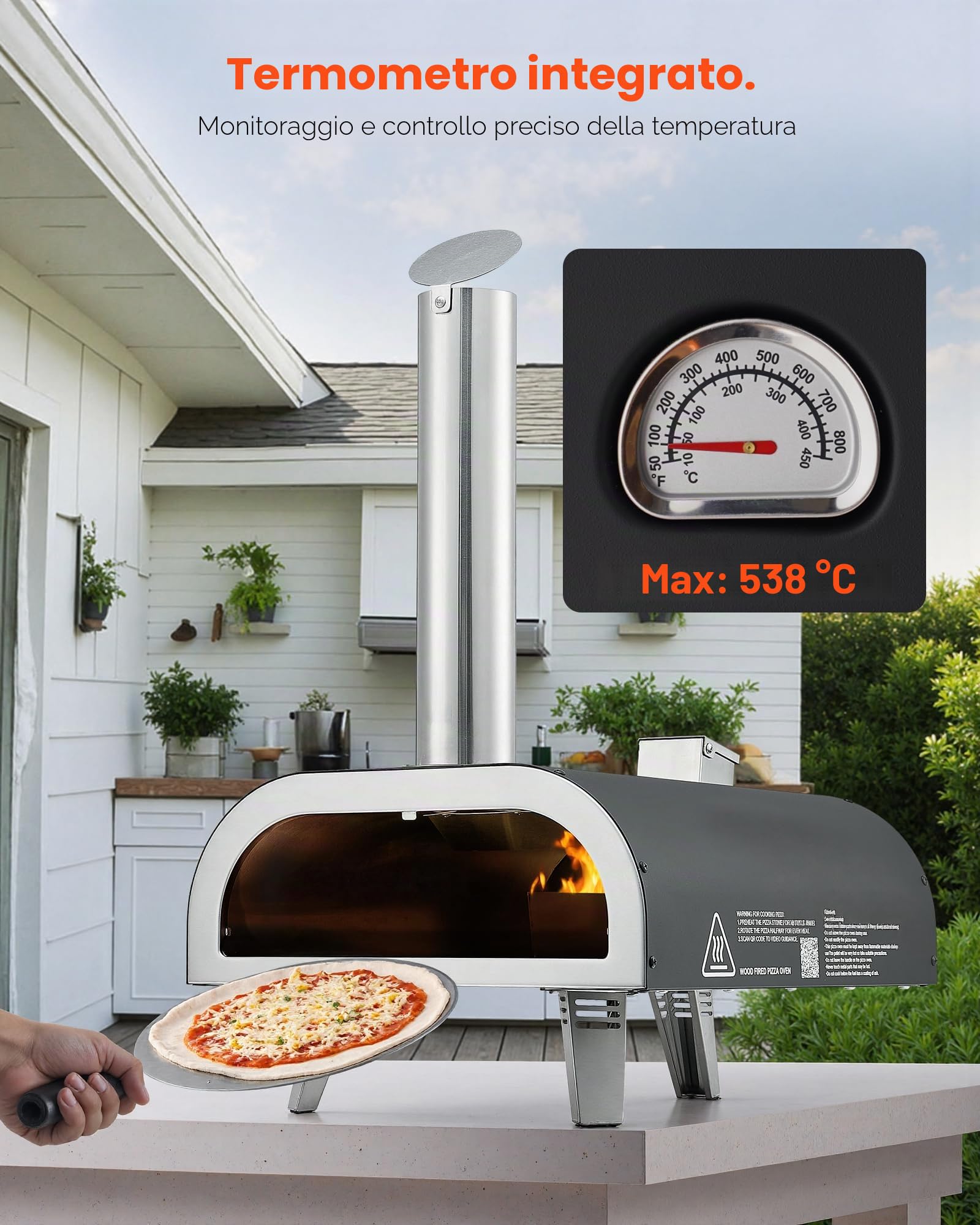 VEVOR Forno per Pizza da Esterno Portatile, Forno a Legna per Pizza da 12 pollici, Stufa a Pellet di Legno con Termometro per Campeggio all'Aperto, Cortile, Giardino, Nero