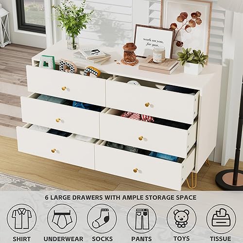 Miniatura 5 de Cómoda Blanca para Dormitorio, Cómoda de 6 Cajones con Manijas Doradas, Gabinete de Almacenamiento Grande, Organizador Moderno de Cajonera para