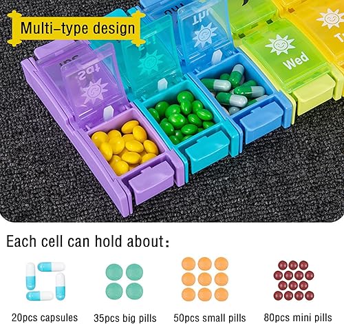 Miniatura 4 de Organizador de pastillas 2 veces al día, pastillero semanal de 7 días, contenedor de píldoras AMPM de viaje, planificador de medicamentos de