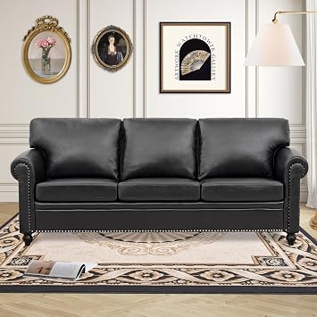 Black Faux Leather Couch,3 Seater Traditional Living Room Sofa,Comfy Sofa with Detachable Cushions 84" for Living Rooms, Bedrooms, Offices and Apartments Tool-Free Assembly