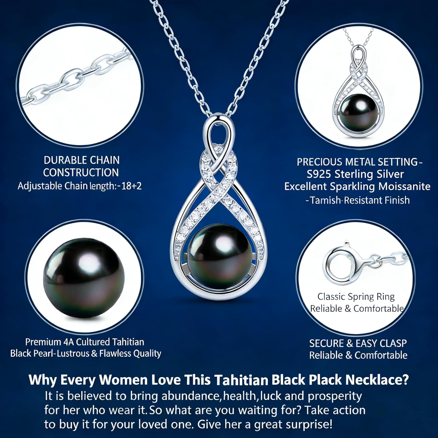 Grade 4A for Wife Women Tahitian Black Pearl Necklace Colorful S925 Sterling Silver Anniversary Birthday Wedding Mother's Day Gift for Wife Lady Mom Girlfriend Daughter Adjustable Chain