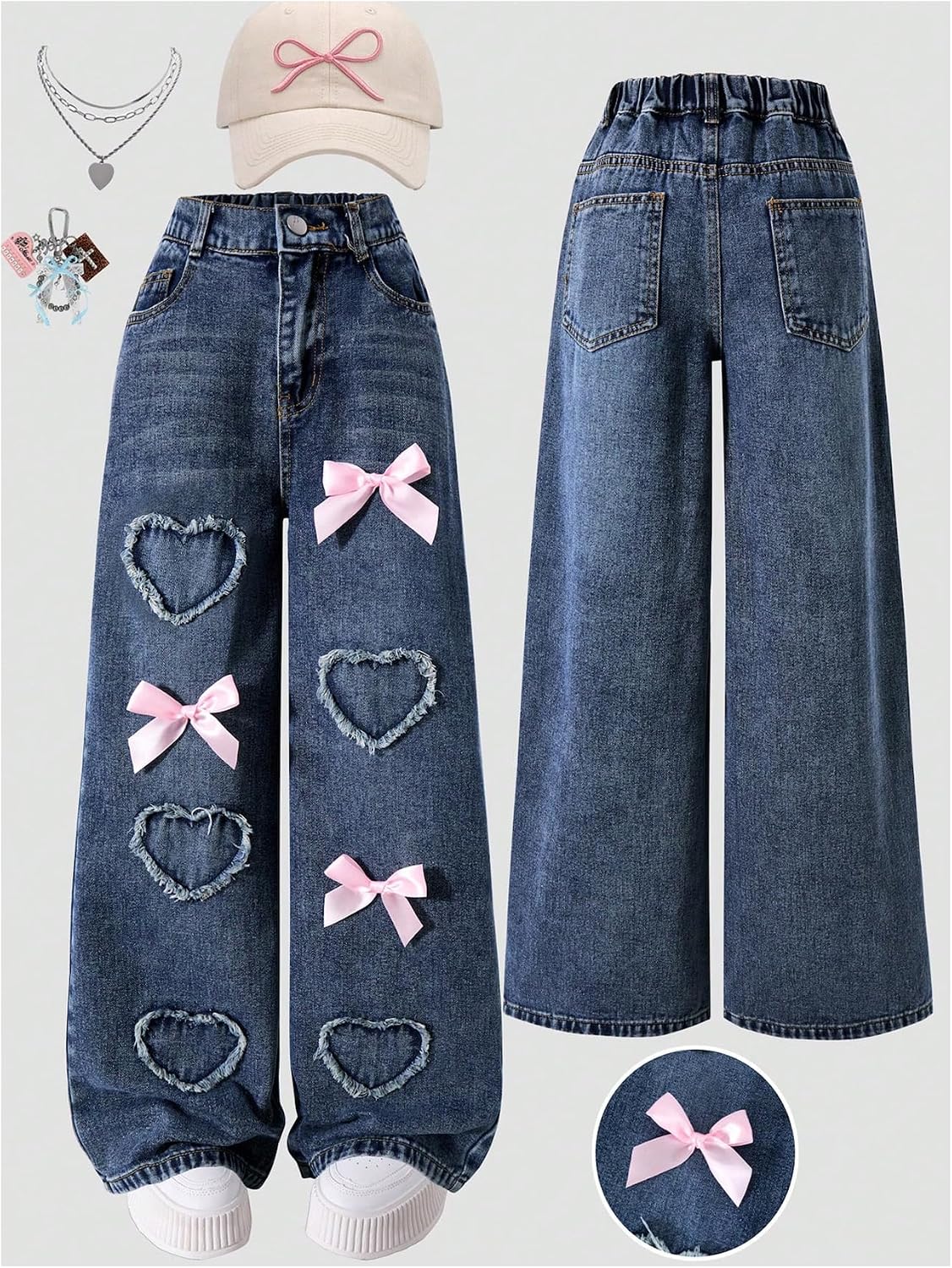 WDIRARA Girl's Heart Patched Bow Baggy Jeans Cute High Waisted Straight Leg Denim Pants