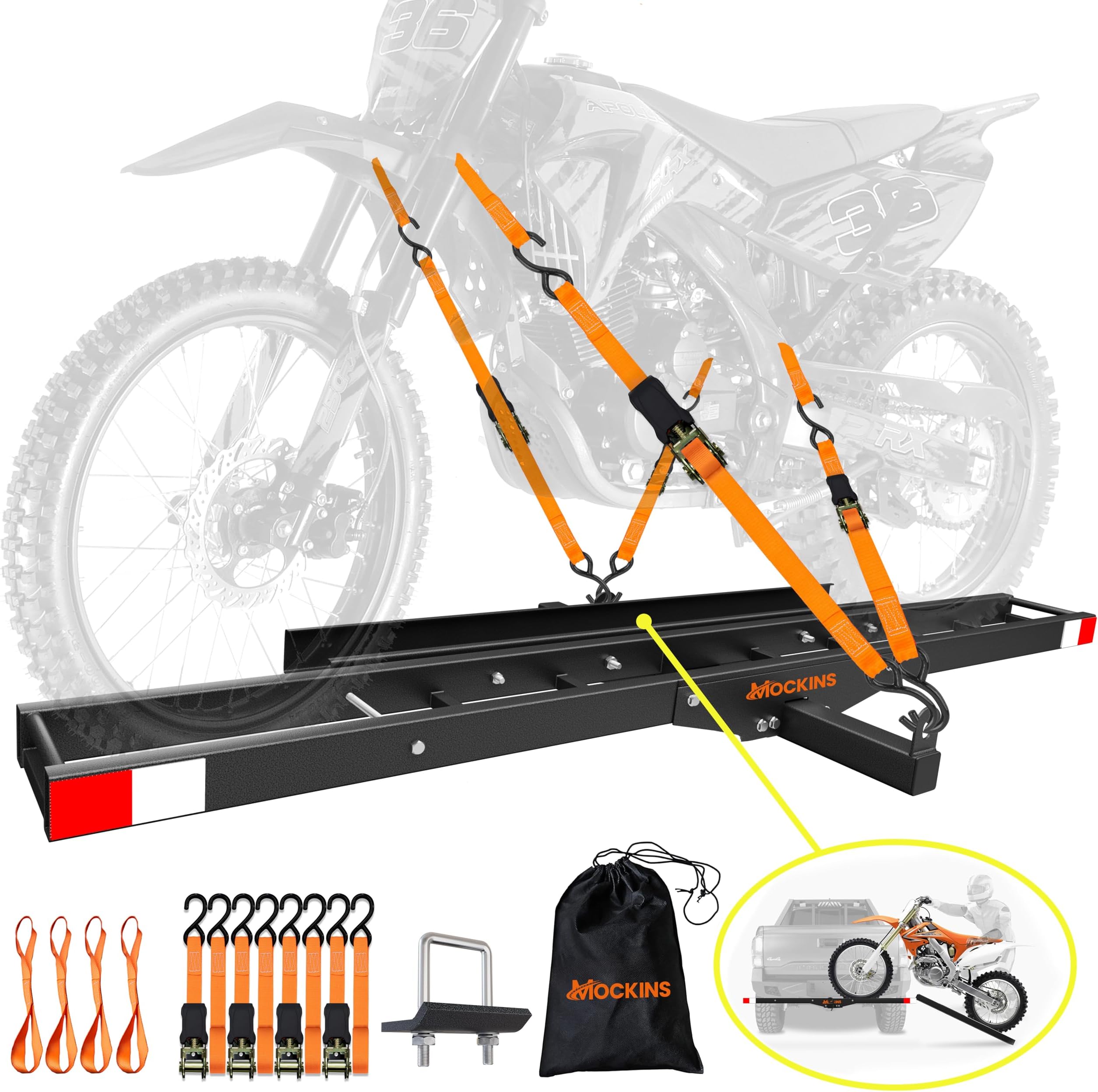 Mockins 500 Lbs. Capacity Anti-Tilt Hitch Carrier with Ramp | 73" Dirt Bike Carrier | Steel Hitch Bike Rack with Straps & Stabilizer