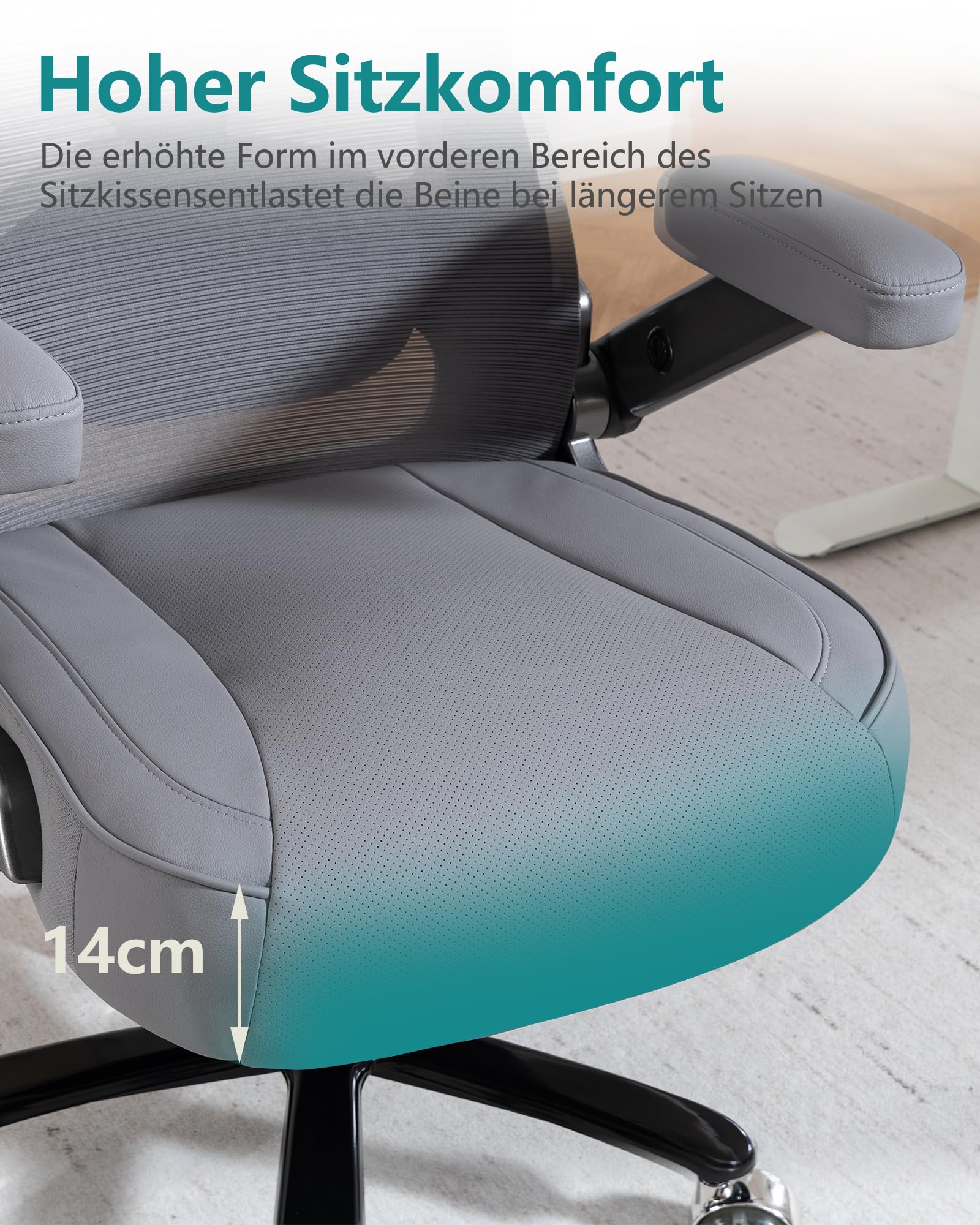 Ergonomischer Bürostuhl mit Lordosenstütze & Kopfstütze, bis 350 kg belastbar, Höhenverstellbar, Mesh-Rückenlehne mit Kippfunktion, Verstell- & Klappbare Armlehnen, Breiter Sitz, Grau