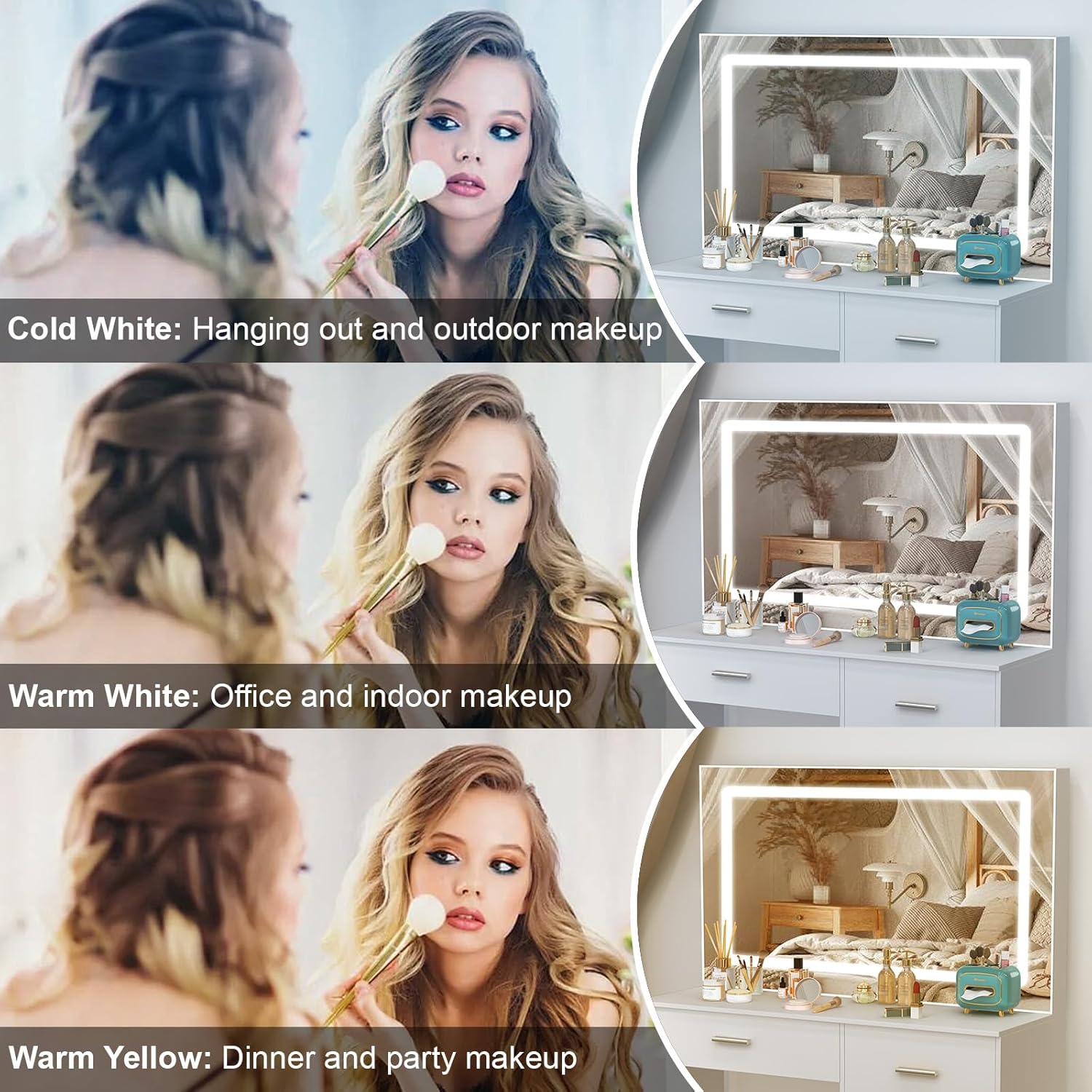 White Makeup Vanity Desk Set with Large Mirror, 31.5x14.2x51.5 Inch Makeup Vanity with 5 Drawrs, 3 Adjustable Light Modes, Vanity for Bedroom & Dressing Room