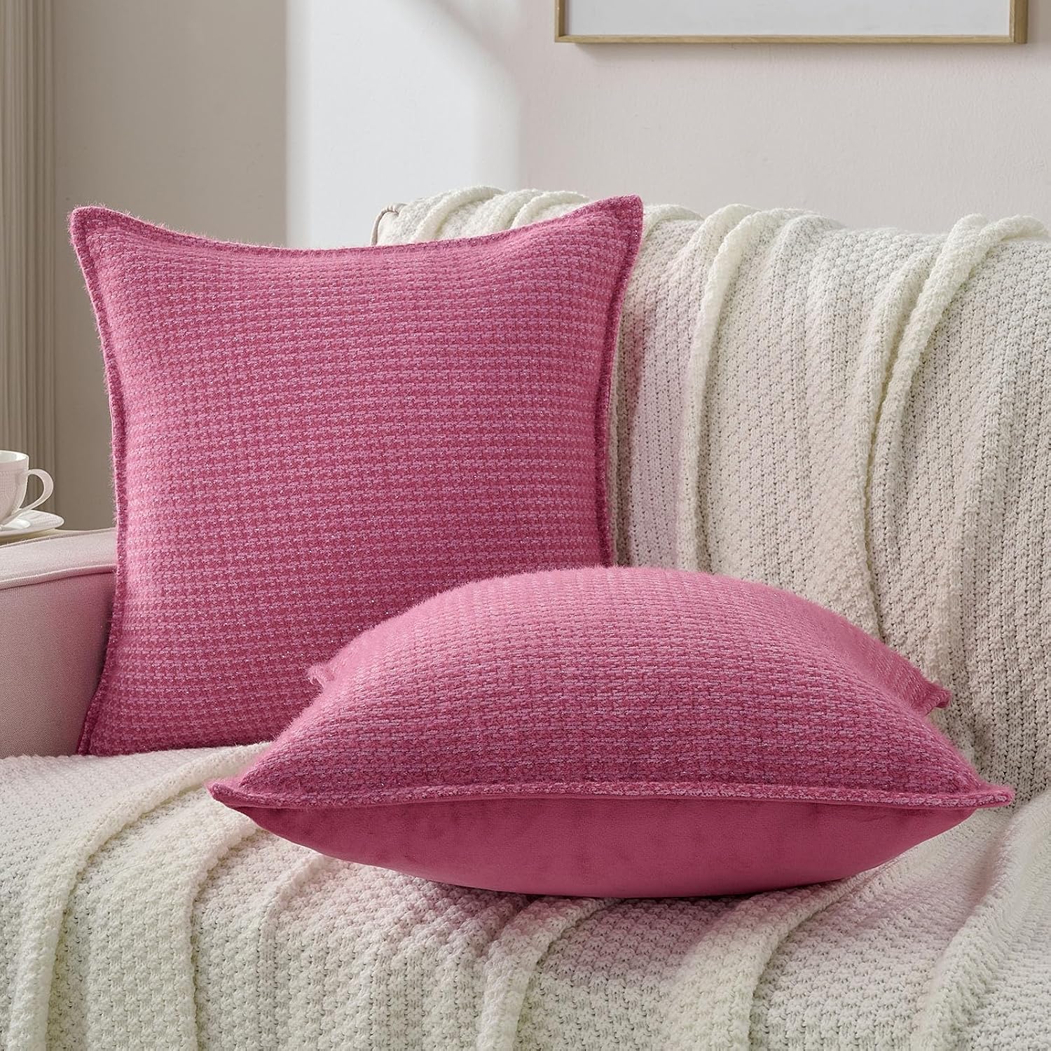 FUTEI Pack of 2 Chenille Throw Pillow Covers 24x24 Inch, Hot Pink image 5