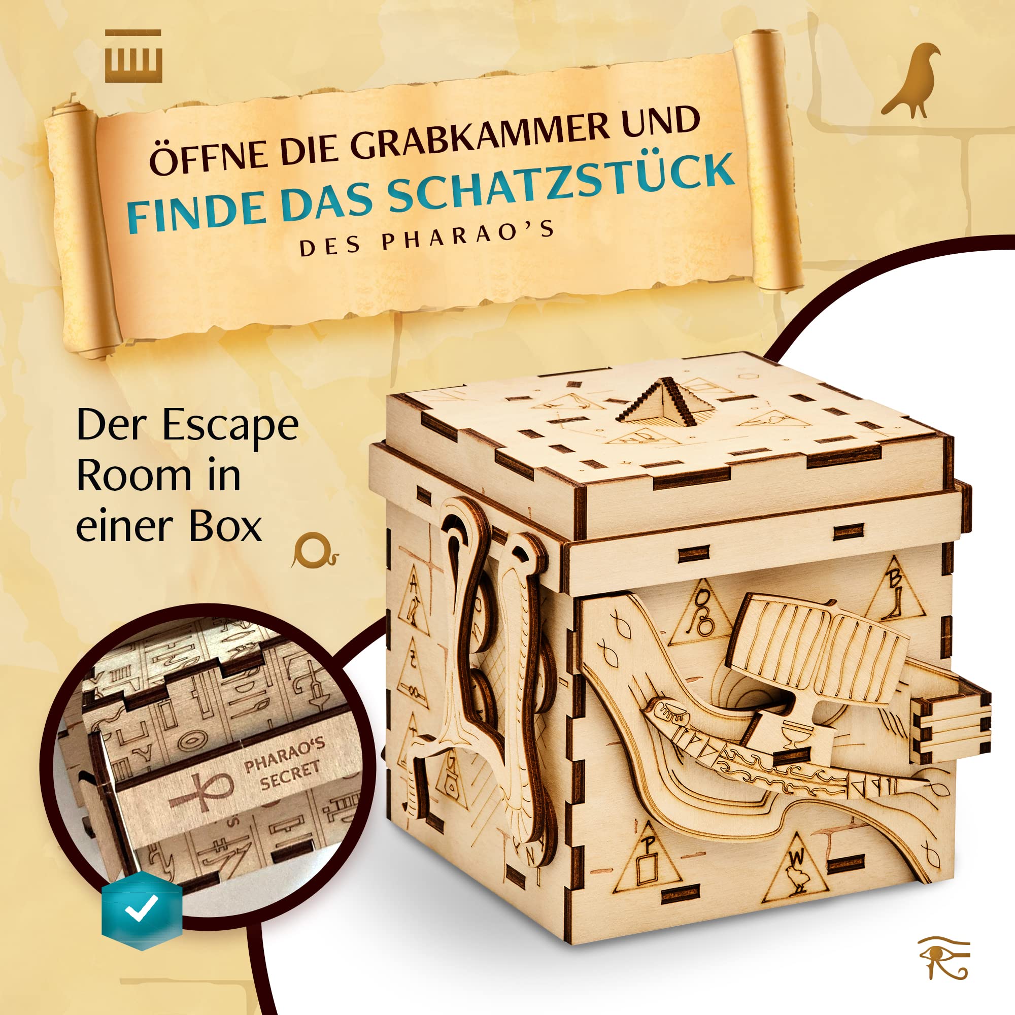 INSCAPE Pharaoh´s Secret - Rätselbox Holz - Puzzle Box - Escape Room Spiel Erwachsene und Kinder - Knobelspiele für Erwachsene - 3D Holzpuzzle - Cluebox - Denkspiele