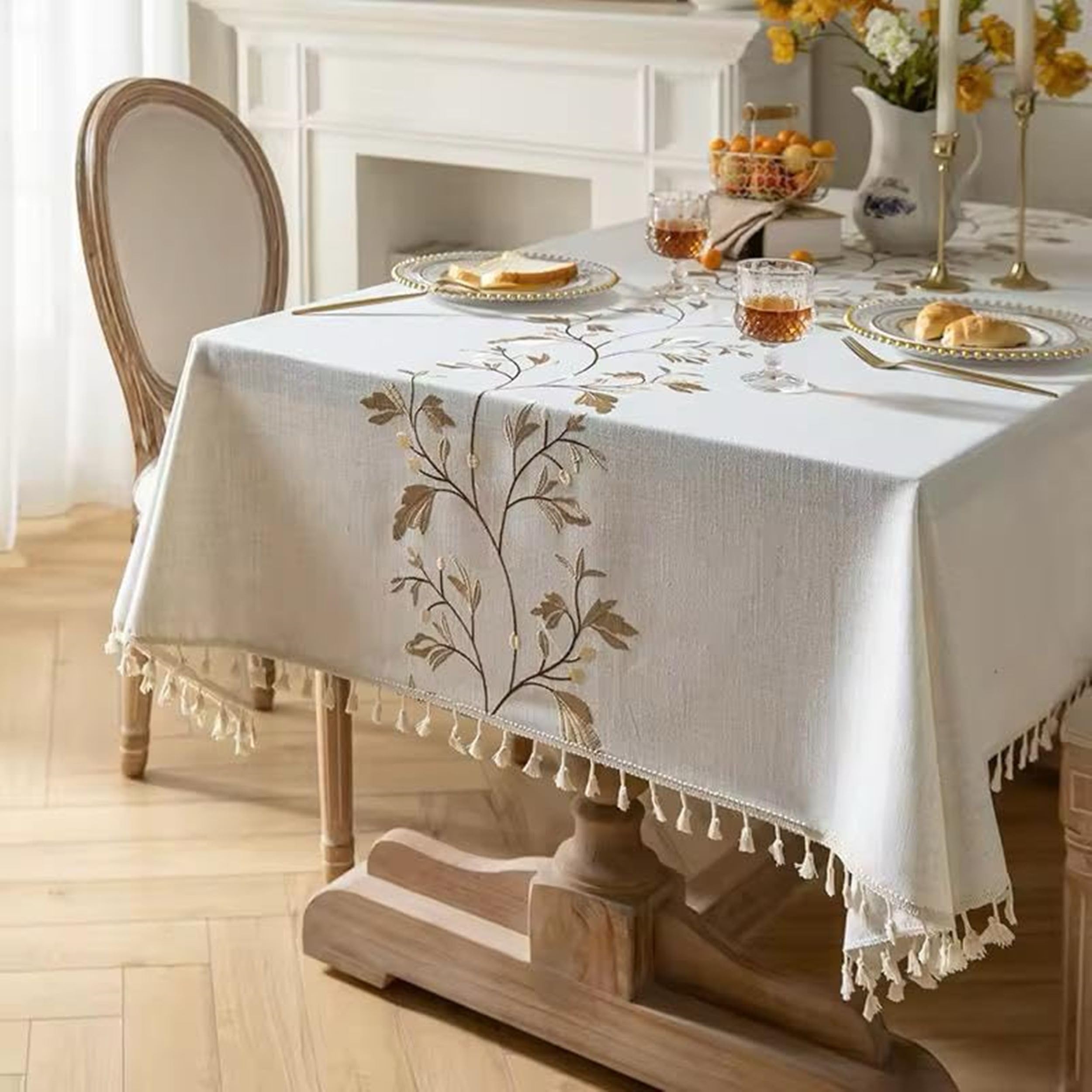 MONKDECOR (O.F Cotton Linen Tablecloth for 6 Seater – Decorative Tree Embroidery, Lace Tassels, Off White for Rustic & Modern Interior Styling| 60x90 inches for 6 Seater Dining Tables-image-22