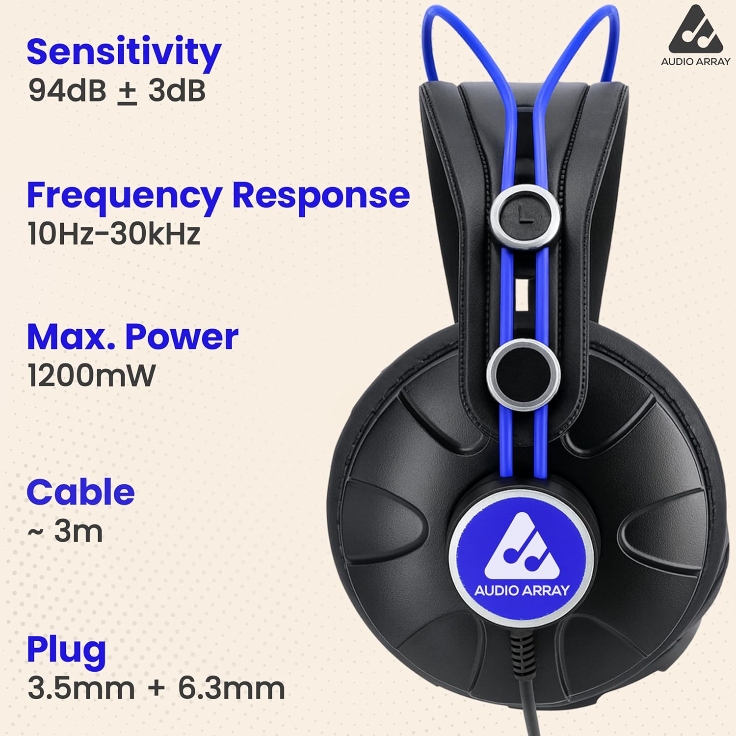 Audio Array AH-60-BL 60 Ohms Impedance Professional Monitoring Headphones | 53mm Drivers | 10Hz–30kHz Frequency Response | Closed-Back, DJ & Studio Use | 3m Cable with 3.5mm & 6.3mm Plugs (Blue)