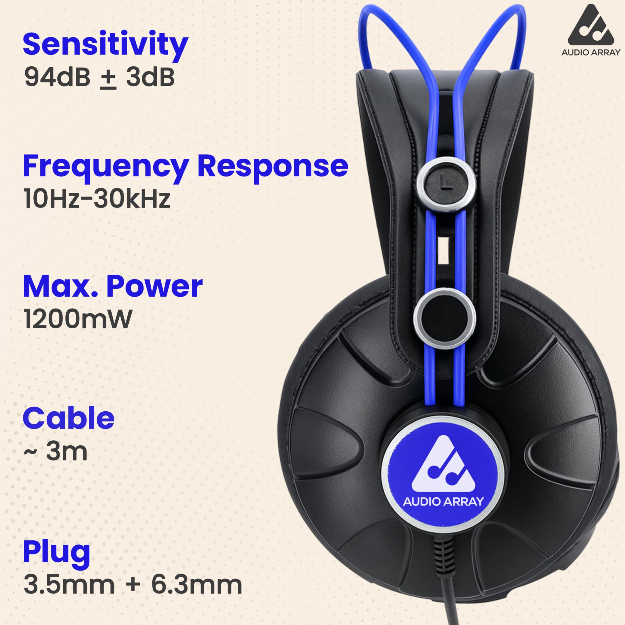 Audio Array AH-60-BL 60 omów Impedancja profesjonalne słuchawki monitorujące | sterowniki 53 mm | pasmo przenoszenia 10 Hz–30 kHz | zamknięte, dla DJ-ów i studia, kabel 3 m z wtyczkami 3,5 mm i 6,3 mm