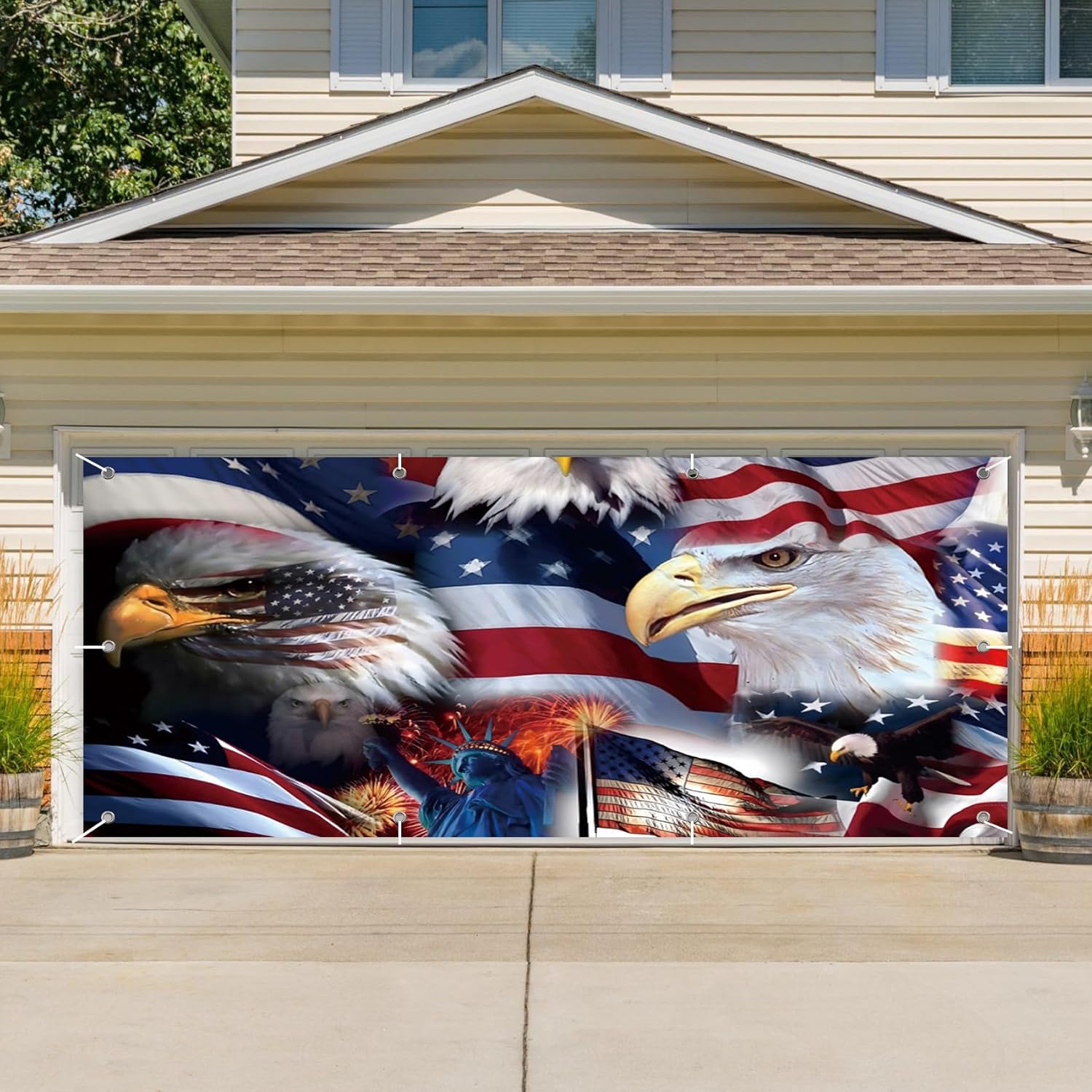 CSFOTO 7x16ft American Flag and Bald Eagle Theme Garage Door Decorative Banner Independence Day Statue of Liberty Garage Decorative Mural National Day Patriot Party Outdoor Wall Decorative Props
