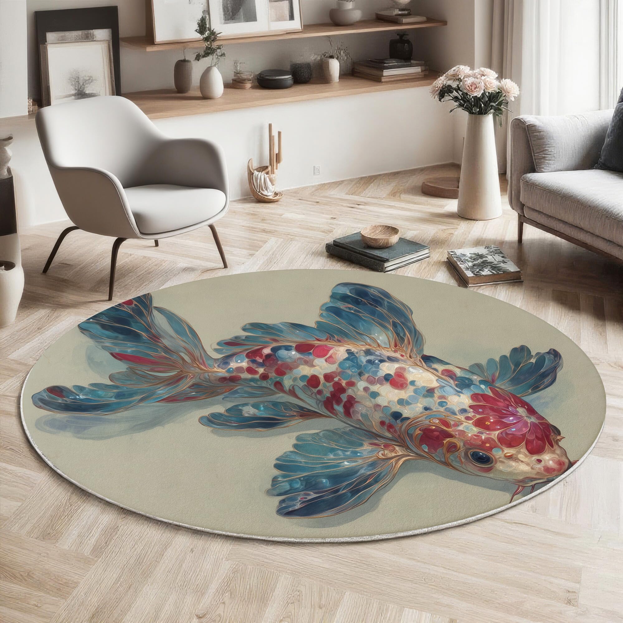 Tapis rond style aquarelle motif koi bleu et rouge haut de gamme 200cm
