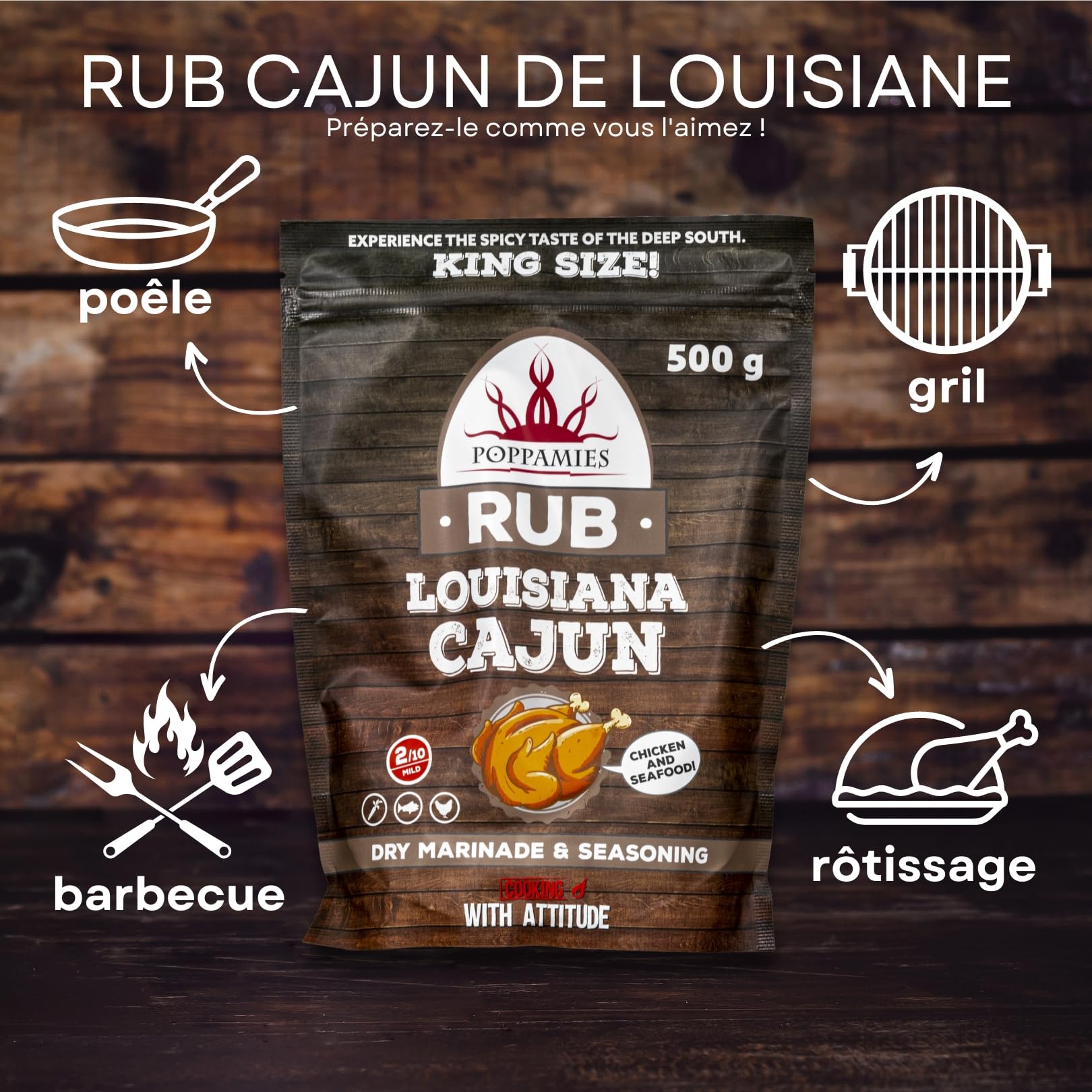 Poppamies Louisiana Cajun BBQ Rub - Assaisonnement BBQ 100% Naturel - Marinade Sèche & Épices - Idéal pour le gril - Grand format (500g)