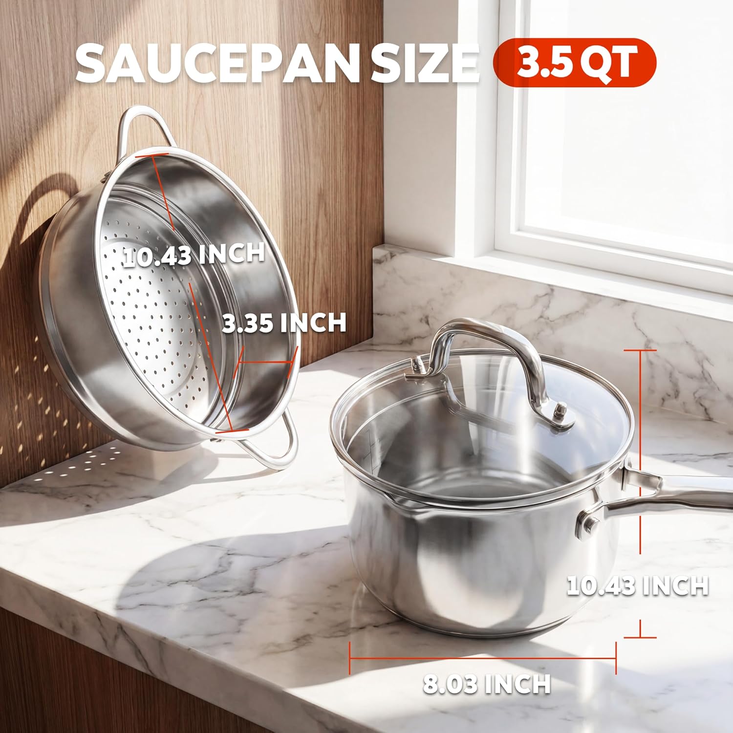 2-in-1 Tri-Ply Steamer & Saucepan Set - 3.5 Qt Stainless Steel Sauce Pan with Pour Spouts, Steamer Insert & Strainer Glass Lid - Compatible with All Stovetops Including Induction
