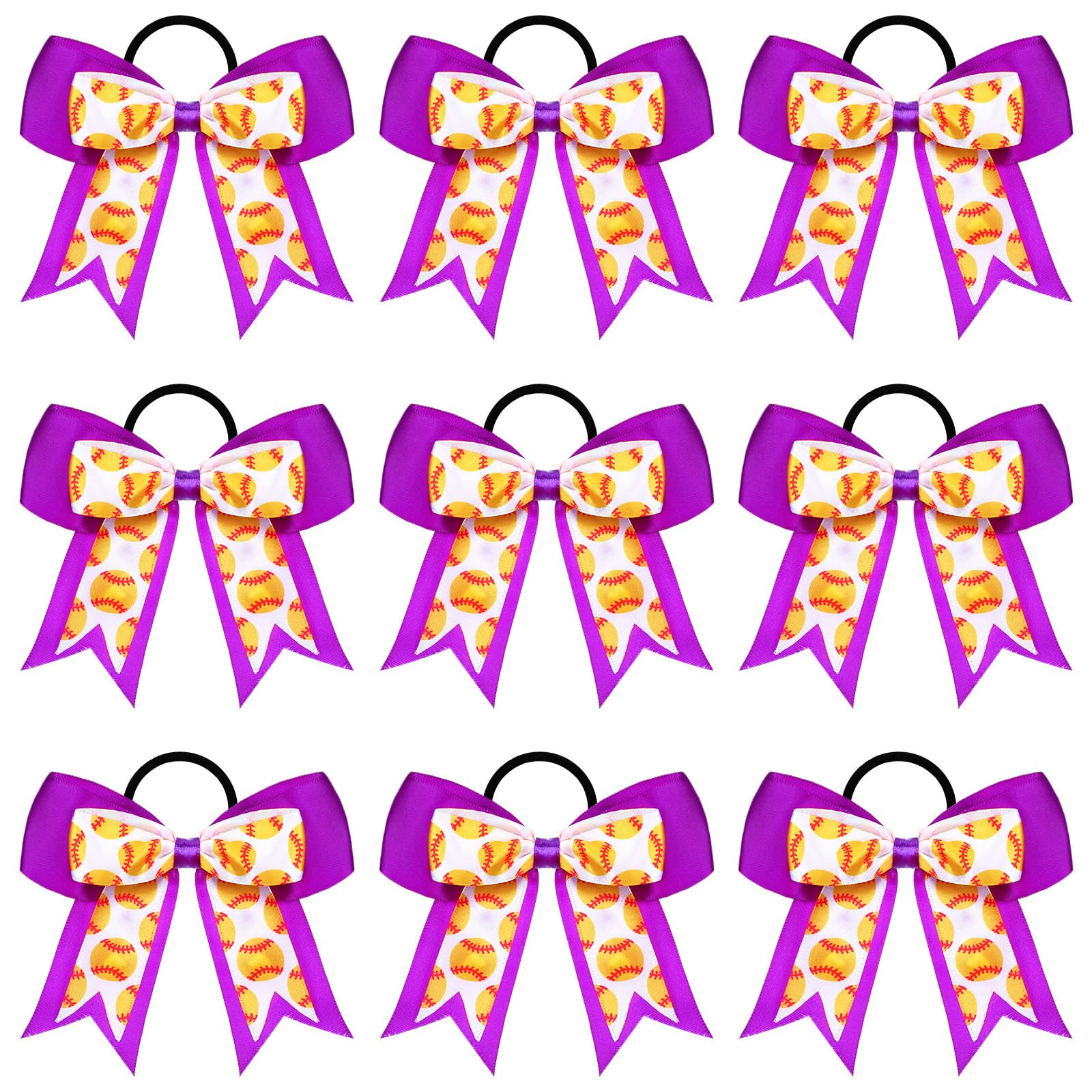 MTLEE 9 Pcs 5.1 Inch Purple Softball Ribbon Hair Bows Elastic Cheer Scrunchies Cheerleader Bows Volleyball Sports Ponytail Holder Sport Hair