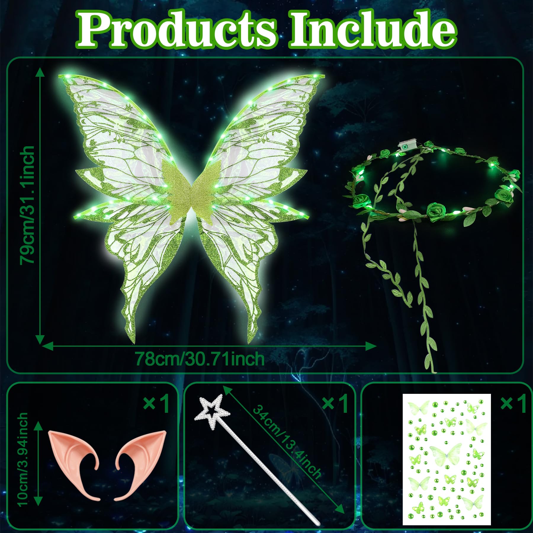 YeahBoom Fairy Wings LED Luminous with Elf Ears LED Fairy Headband and Star Wands Butterfly Wings Costume for Carnival Party - Image 2