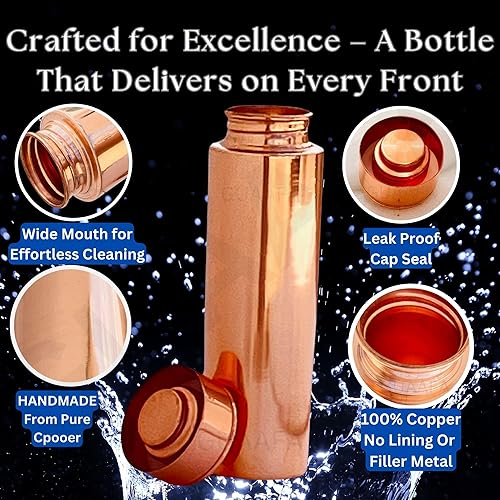 Miniatura 3 de GUAAFA Botella de agua de cobre, 32 onzas, hecha a mano, ayurvédica, 100% cobre puro, acabado liso, recipiente para bebidas para regalar a él,
