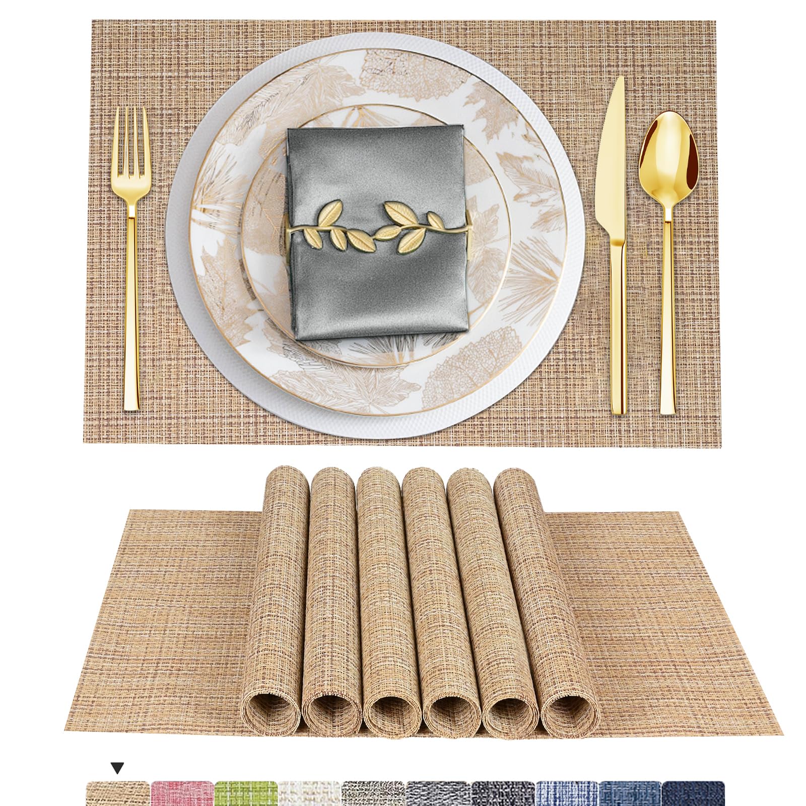 ARTAND Beige Table Mats Set of 8 Woven Vinyl Place Mats for Dinner Table - Washable & Durable Indoor/Outdoor Use - 8 Pcs, 02 Beige