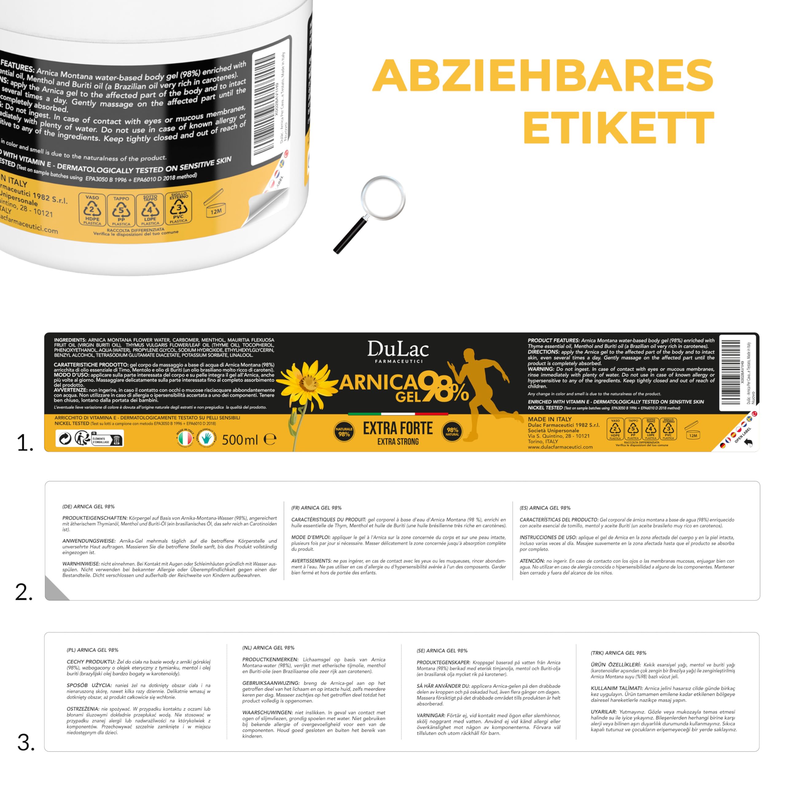 Dulac – Arnika Gel 98% Kühleffekt, 500 ml, Arnika Pferdegel Für Mensch Extra Stark, Lindert Müde Muskeln und Gelenke, Beruhigend und Entspannend, Mit Buriti-Öl, Thymian, Menthol, Made in Italy