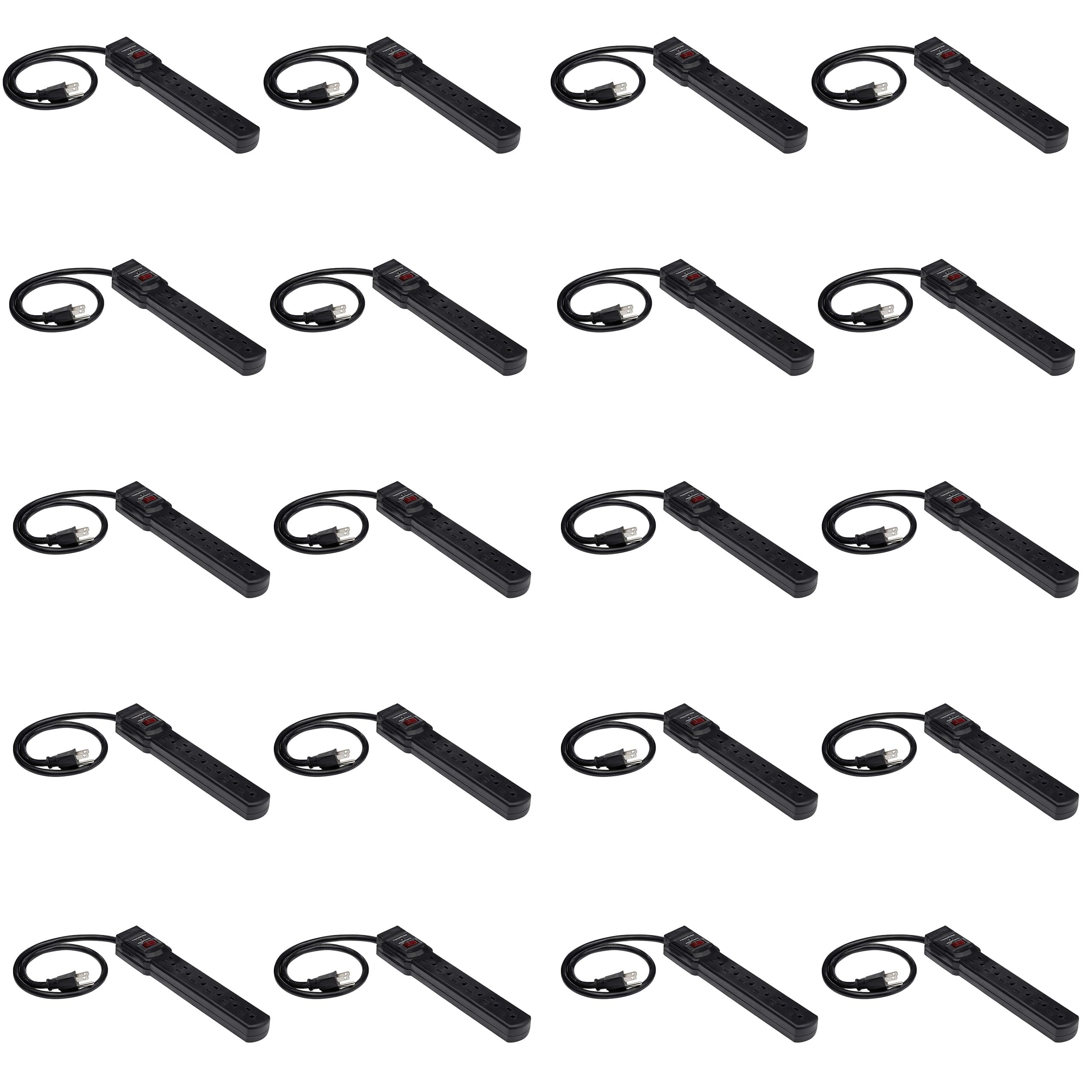 Amazon Basics Surge Protector Power Strip, 6-Outlet with 200J Protection, 2ft Extension Cord, Rectangle, Black (20 Pack)