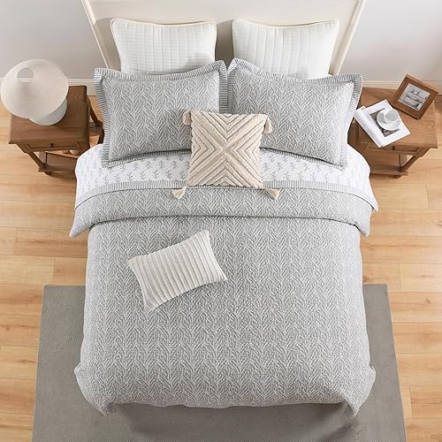 Miniatura 8 de SahSahCasa Juego de edredón tamaño Queen, juego de ropa de cama 100% algodón, patrón botánico, color liso, elegante, ligero, acolchado para cama