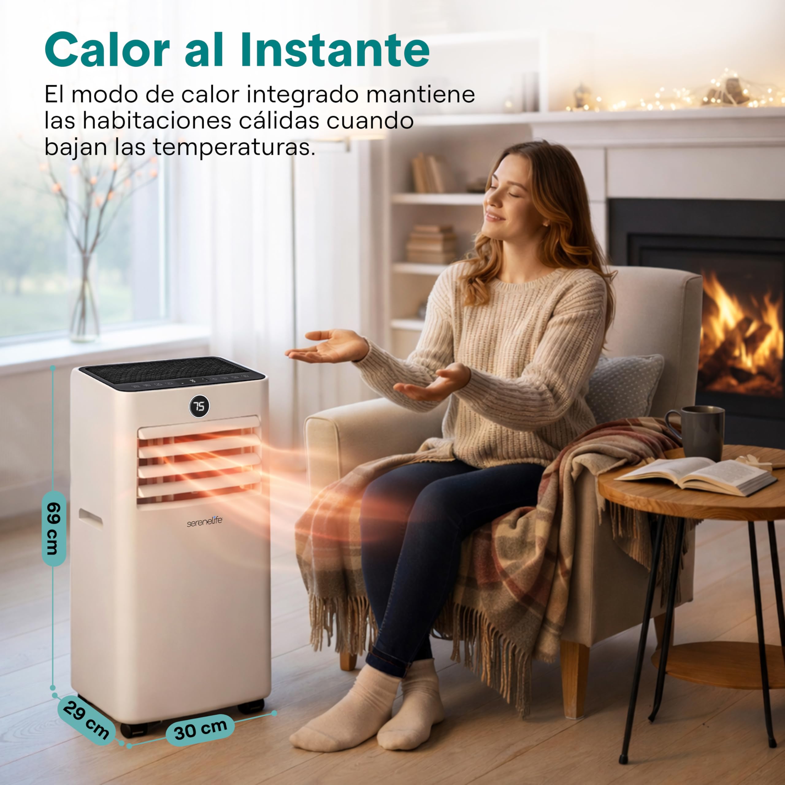 SereneLife Aire Acondicionado Portátil 9000 BTU 2,34 kW, Climatizador 4 en 1: Refrigeración, Calefacción, Ventilador y Deshumidificador, Mando a Distancia,