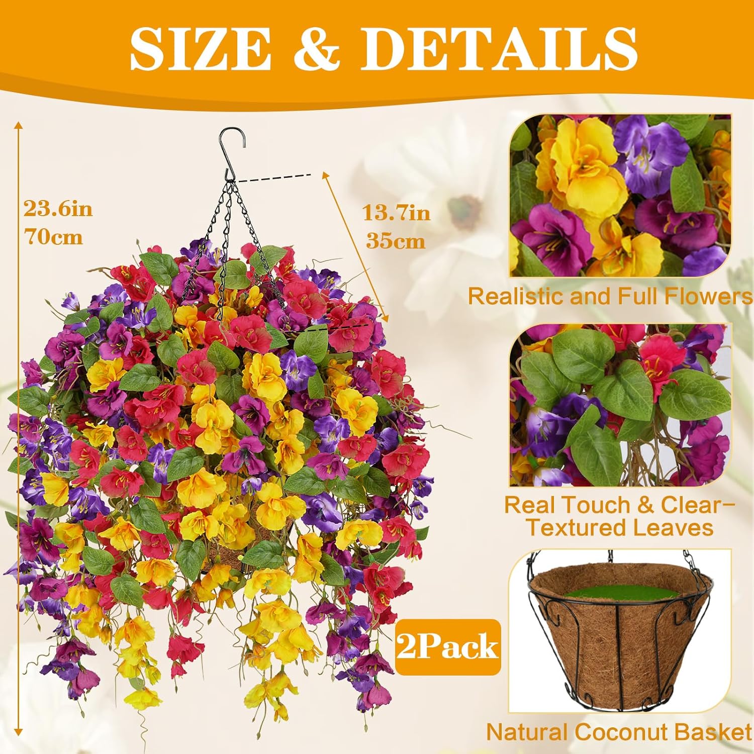 2 Set Artificial Hanging Hibiscus Flowers Baskets for Outdoor Fake Spring Flowers UV Resistant Faux Silk Hibiscus Decor in Planter for Patio Garden Yard Outside Porch Decoration(Yellow+Red)