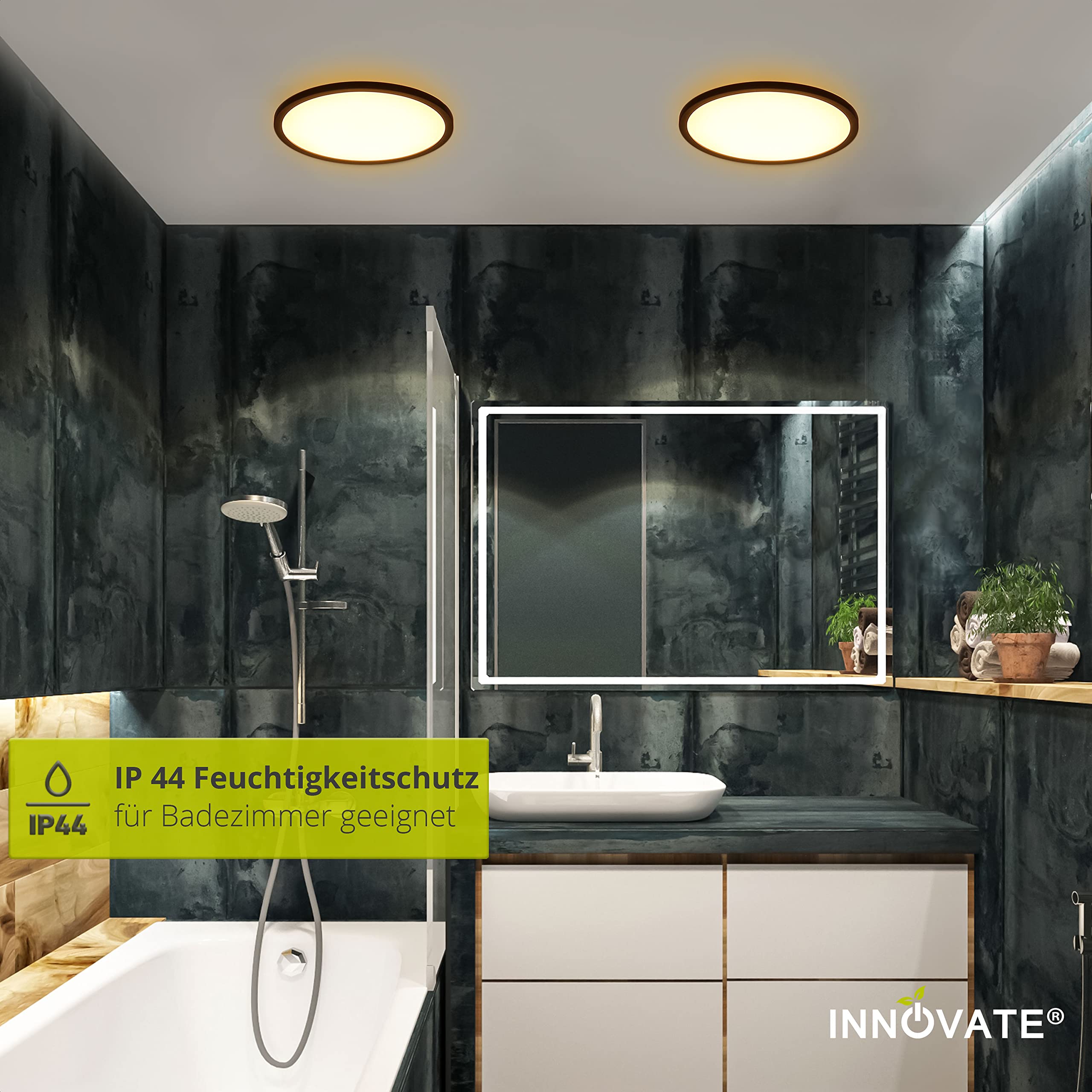 INNOVATE LED Deckenleuchte Dimmbar mit Hintergrundbeleuchtung | IP44 3-Dimmstufen Deckenlampe Flach | Panel für Badezimmer, Wohnzimmer, Schlafzimmer, Balkon, Küche | LED Lampe Schwarz, 24W Ø42cm