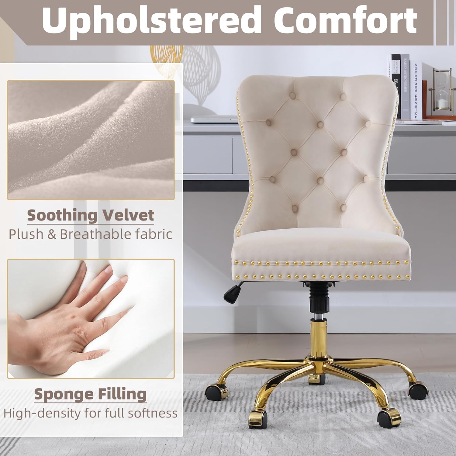 Velvet Home Office Desk Chair, Height Adjustable Vanity Chair withTufted Back, Swivel Comfy Seat, Luxury Rivet Trim, Golden Base for Bedroom Living Room, Beige