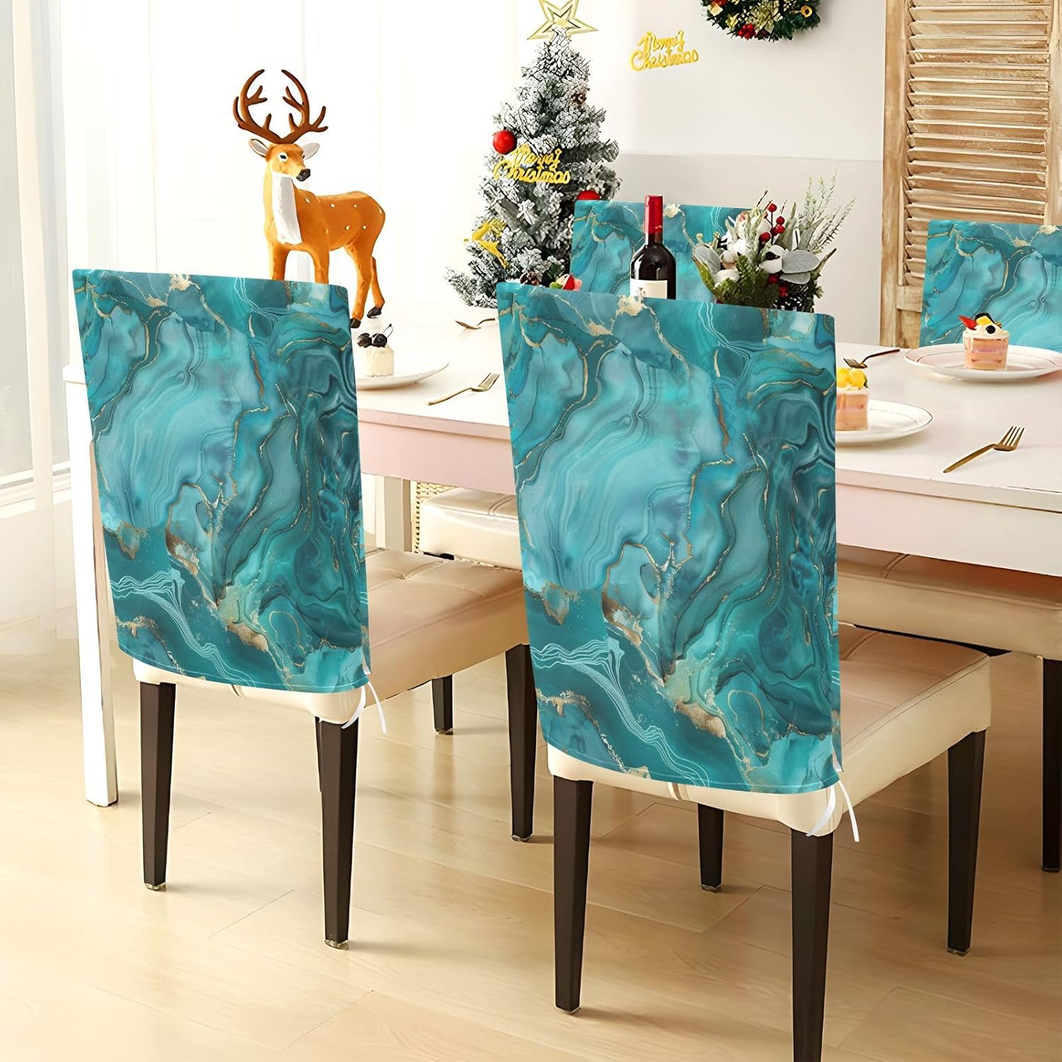ALAZA Marble Teal Chair Back Cover Set of 6, Washable Reusable Removable Chair Slipcovers Decorative Chair Cover for Home Kitchen Wedding Party