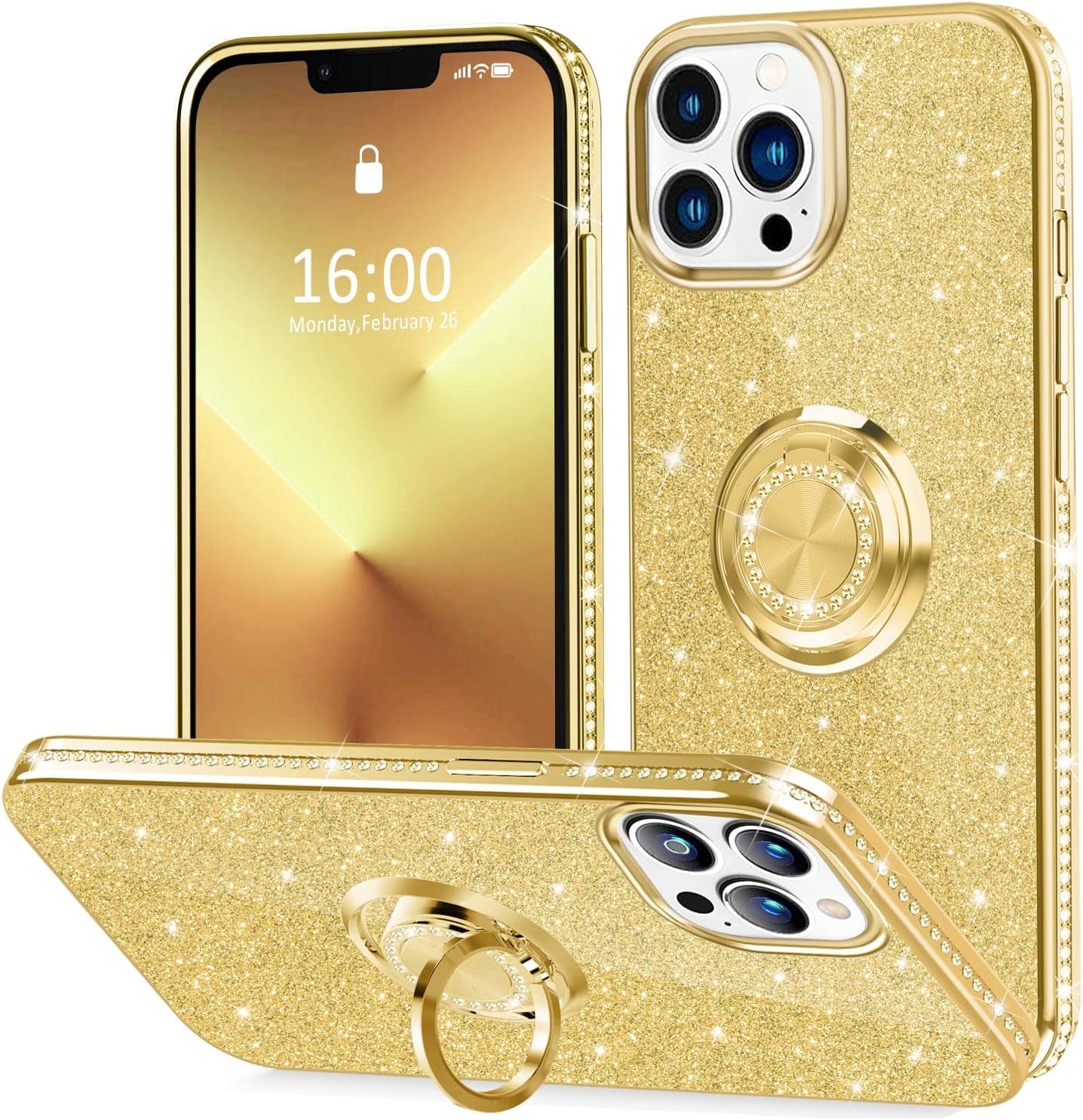 Amazon Com Thomo Compatible With Iphone 13 Pro Max Case Bling Kickstand Cute Glitter Slim Bumper Diamond Cover Ring Holder Full Body Protective Phone Case For Iphone 13 Pro Max Women Girls Gold Cell