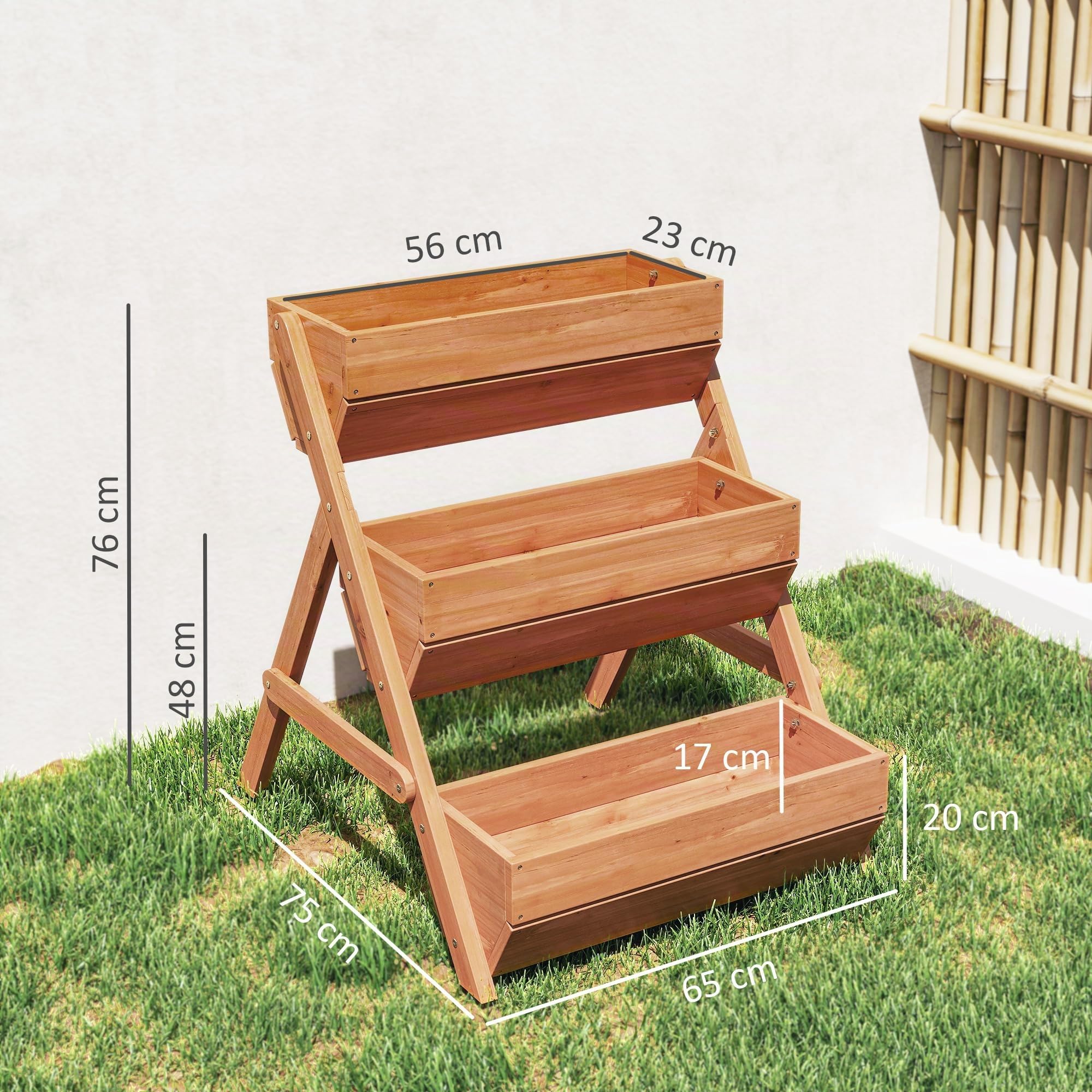 Outsunny Vertikales Hochbeet mit 3 Etagen aus Holz 65 x 75 x 76 cm Braun | Vertikalbeet, Blumenkasten, 3 Pflanzkästen, Ablauflöcher, Blumenbeet, Kräuterbeet, Blumentreppe, Terrasse Balkon Garten