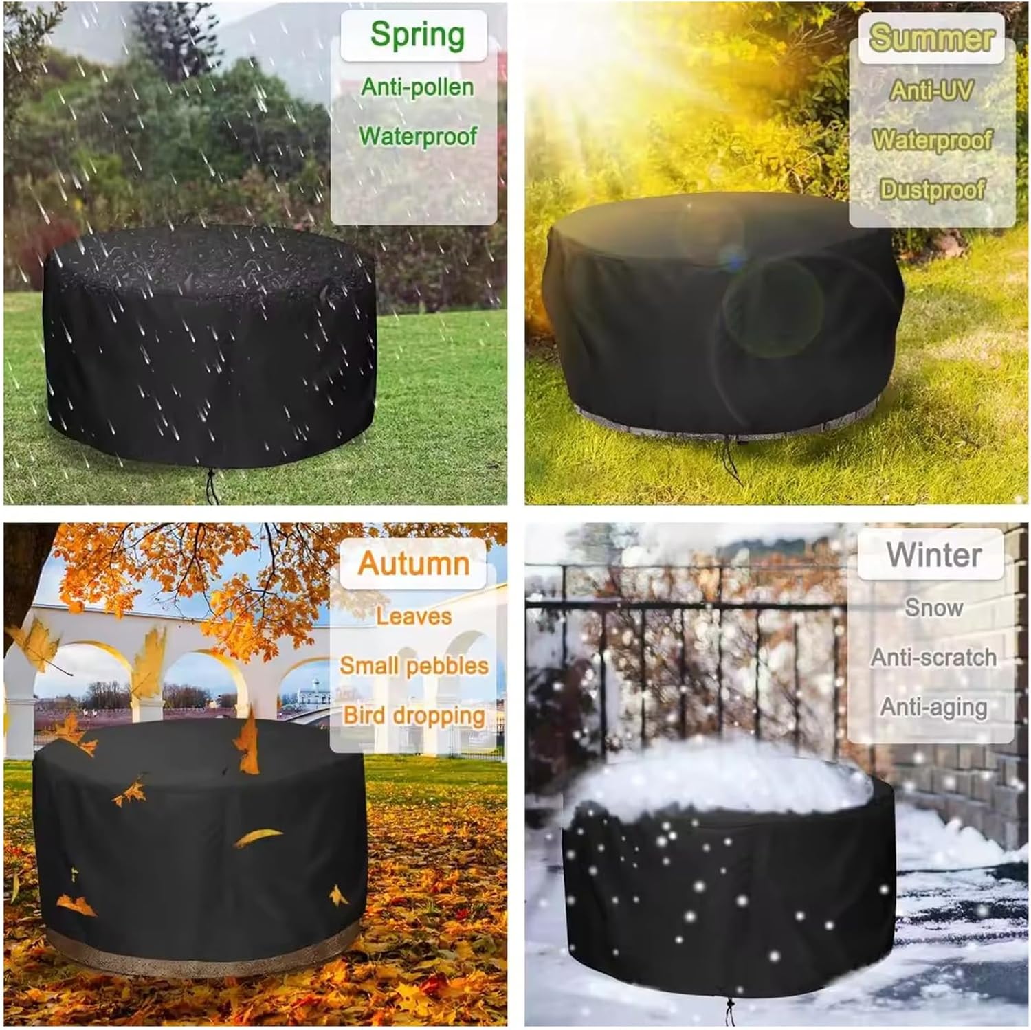 Round Fire Pit Cover | Waterproof Outdoor Firepit Covers | Round Patio Fire Bowl Cover | Outdoor Garden BBQ Grill Covers (Black,128x71cm)