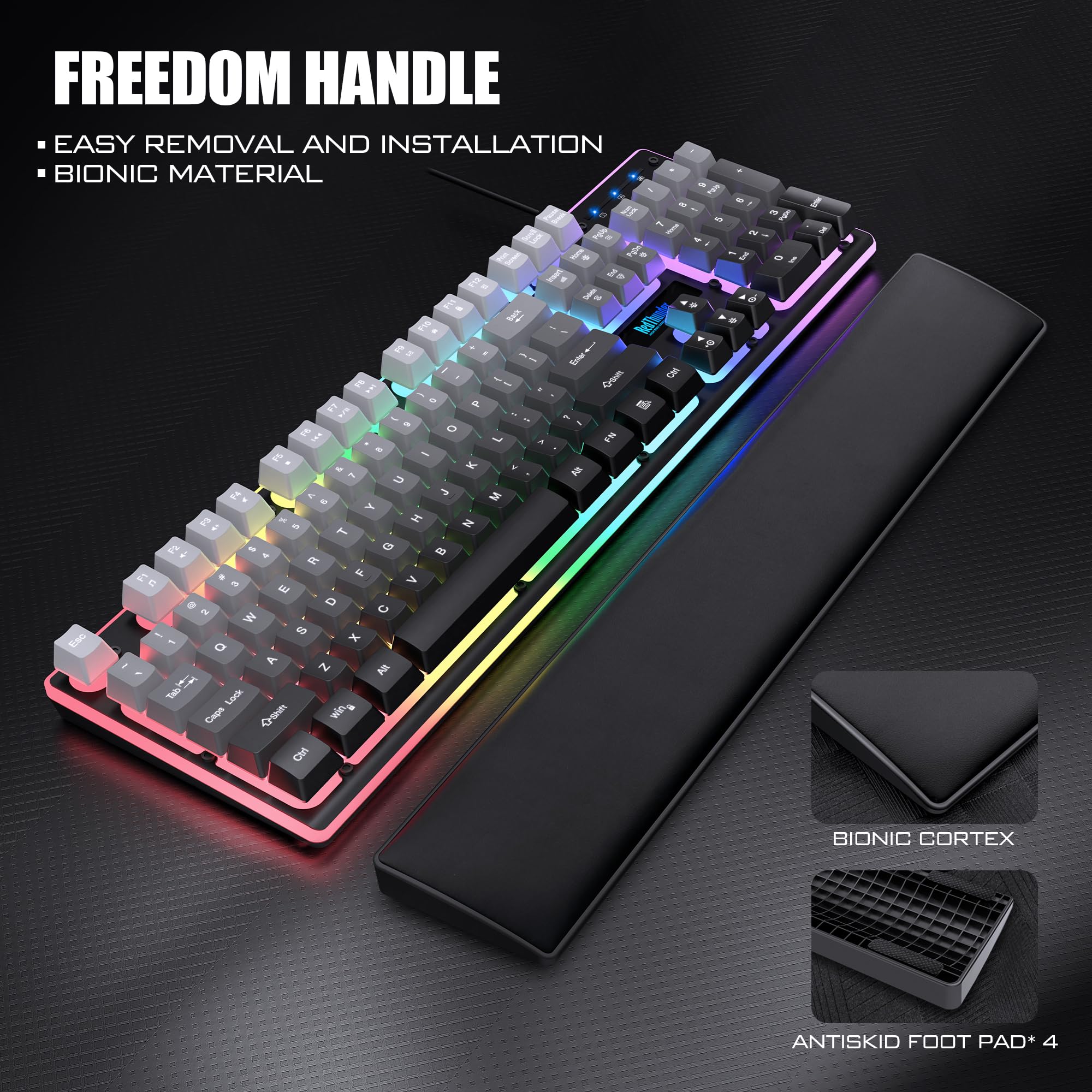 RedThunder K10 - Tastiera da gioco cablata con mouse, retroilluminazione RGB, tastiera meccanica anti-ghosting + mouse 7D 7200 DPI + poggiapolsi in pelle morbida, accessori per PC 3 in 1 (grigio