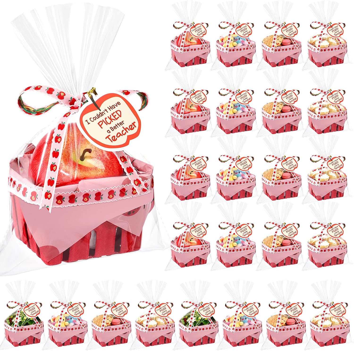 Mimorou 24 Set DIY Teacher Appreciation Gift Basket Kit Mini Apple Treat Baskets Empty Bulk 4.3 Inch for Candy Snack Cookie, Small Thank You Teacher Gifts for End of Year Classroom Party Favors