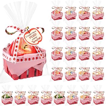 Mimorou 24 Set DIY Teacher Appreciation Gift Basket Kit Mini Apple Treat Baskets Empty Bulk 4.3 Inch for Candy Snack Cookie, Small Thank You Teacher Gifts for End of Year Classroom Party Favors