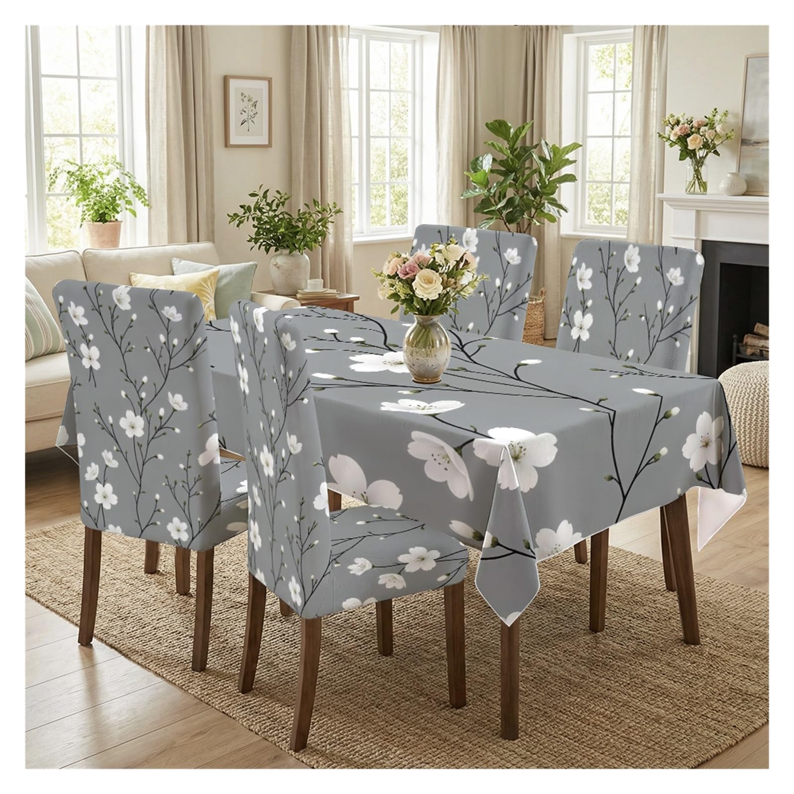 KXUAUV Grey & White Cherry Blossom Print Stretch Chair Covers & Tablecloth Set, For Dining Room Kitchen Spring Bridal Shower Decor, 5/7 Pack Party Decor(5pcs Set: Tablecloth+Chair Covers)