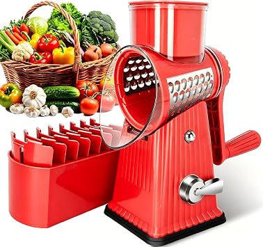 Rotary Cheese Grater with 5 Well-designed Blades & Strong Suction Base, Kitchen Mandoline Vegetable Slicer with Blade Storage Box RED