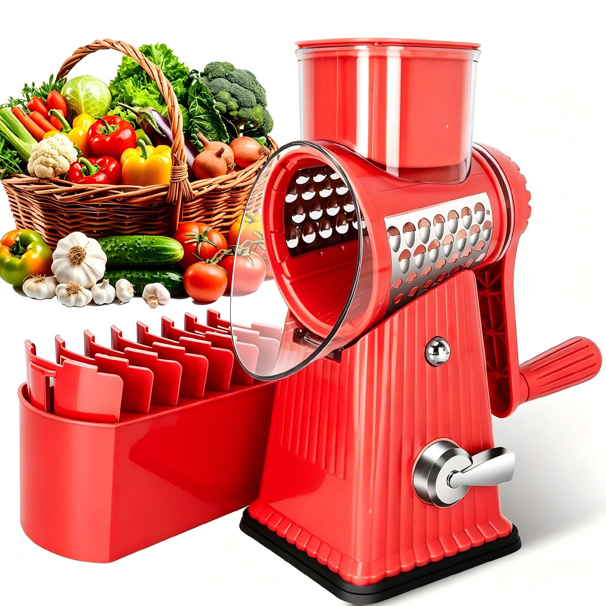 Rotary Cheese Grater with 5 Well-designed Blades &amp; Strong Suction Base, Kitchen Mandoline Vegetable Slicer with Blade Storage Box (RED)