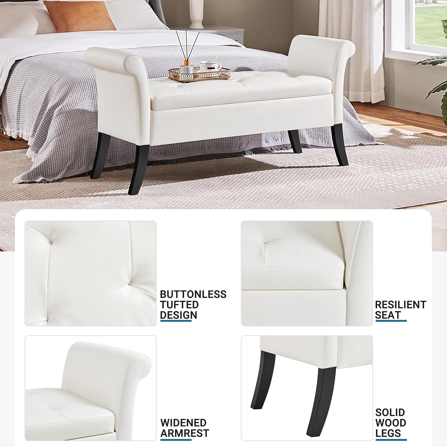 Yaheetech Ottoman with Storage, 52" Storage Ottoman Bench with Safety Hinge, Upholstered Bench with Seating for Bedroom, Living Room, Holds up to 661 lb, White